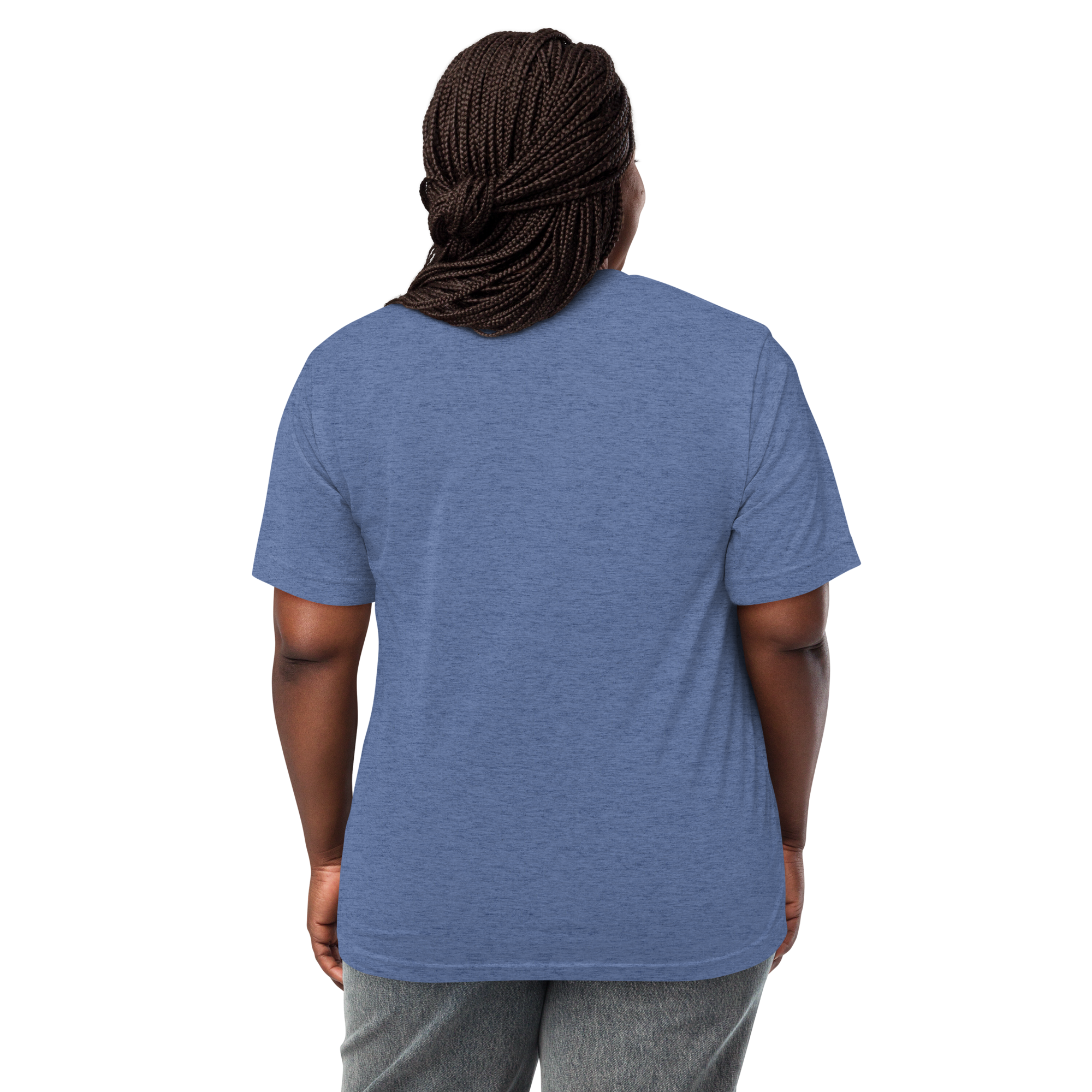 Grab Life Company unisex t-shirt with To-Do List: wake up. drink coffee. do shit. repeat. written on the front in white on a blue triblend tee. Image shows the back.