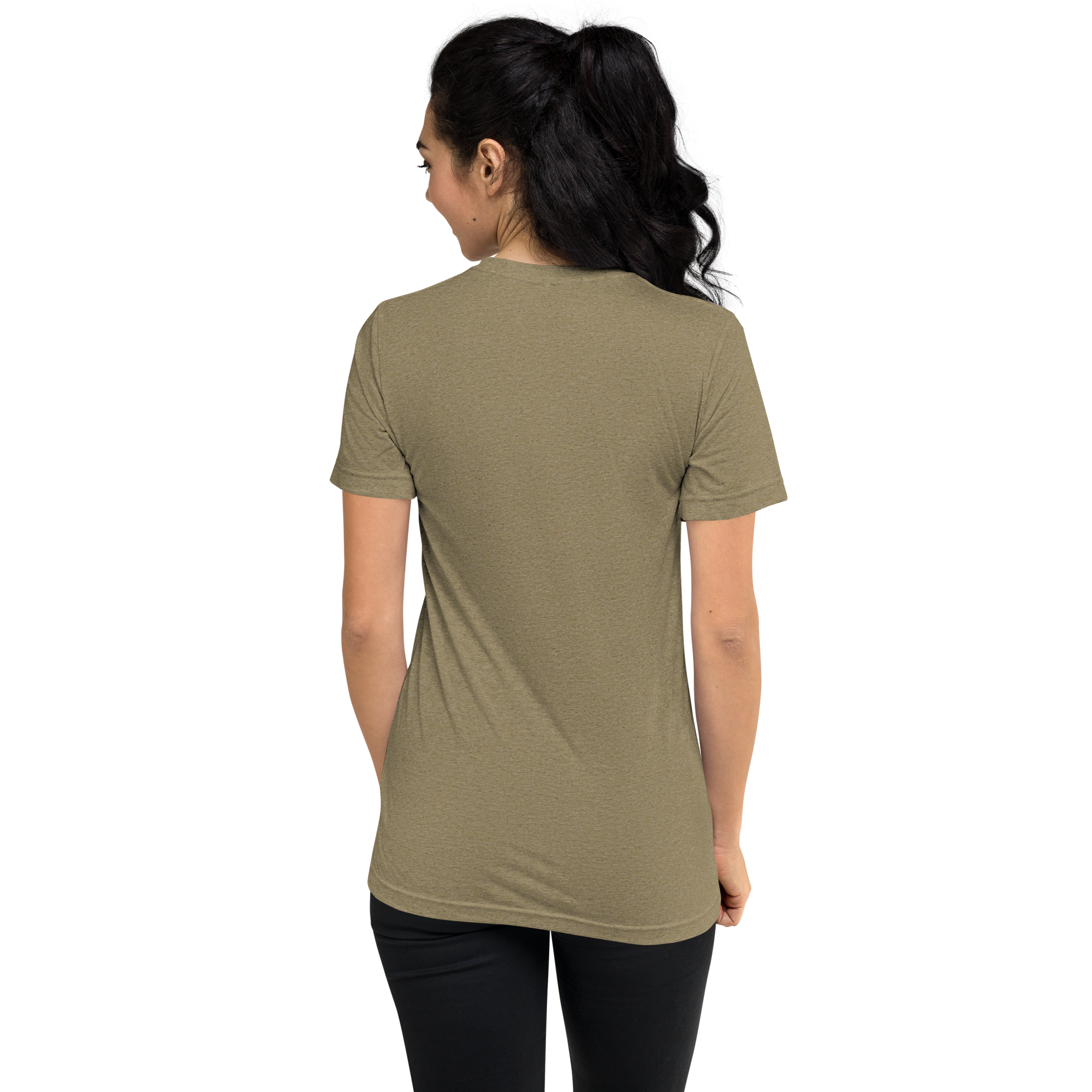 Grab Life Company unisex t-shirt with To-Do List: wake up. drink coffee. do shit. repeat. written on the front in white on an olive triblend tee. Image shows the back.