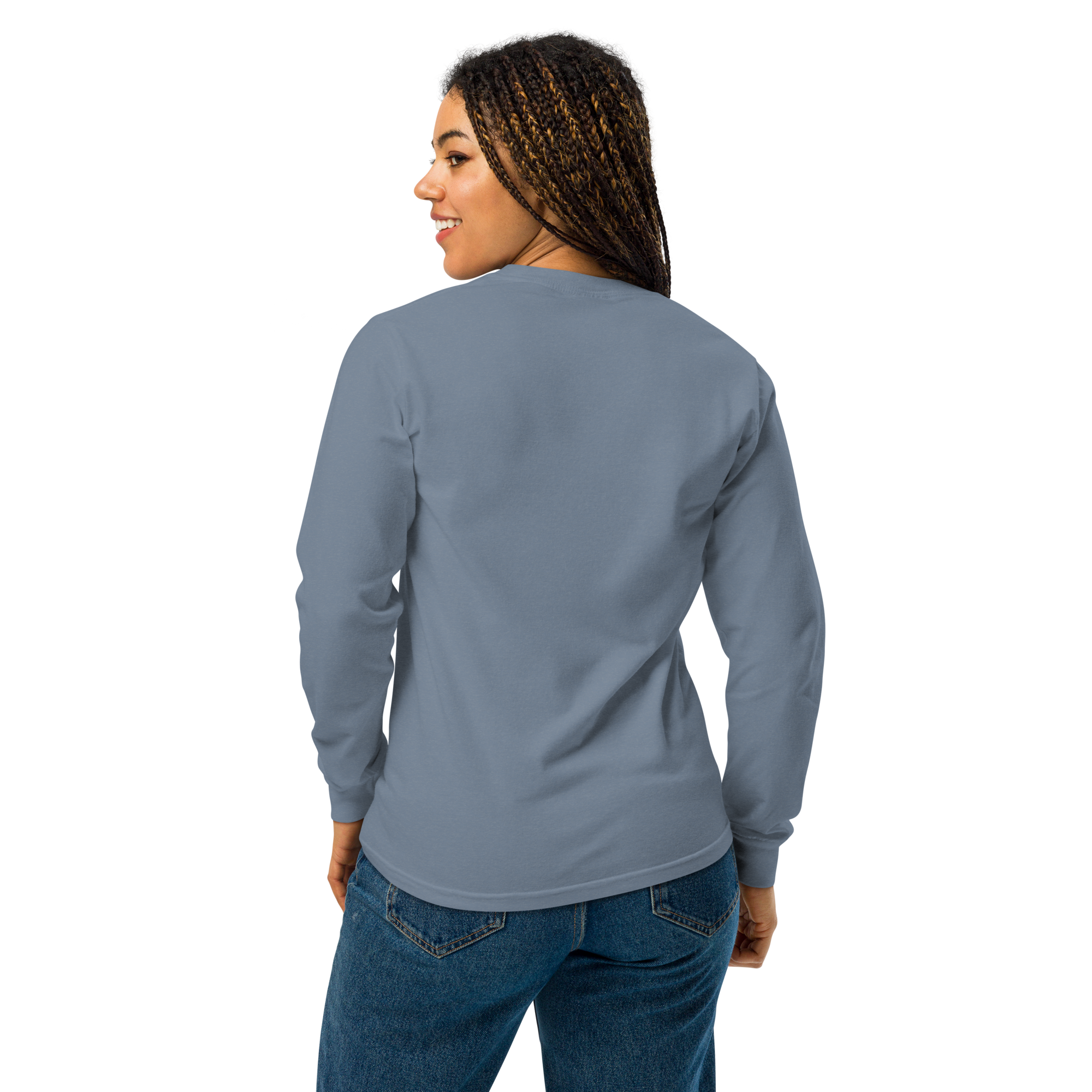 Grab Life Company unisex long-sleeve tee with Introverted: but willing to discuss organic farming written in white on the front of a blue jean colored shirt. Image shows back of shirt.