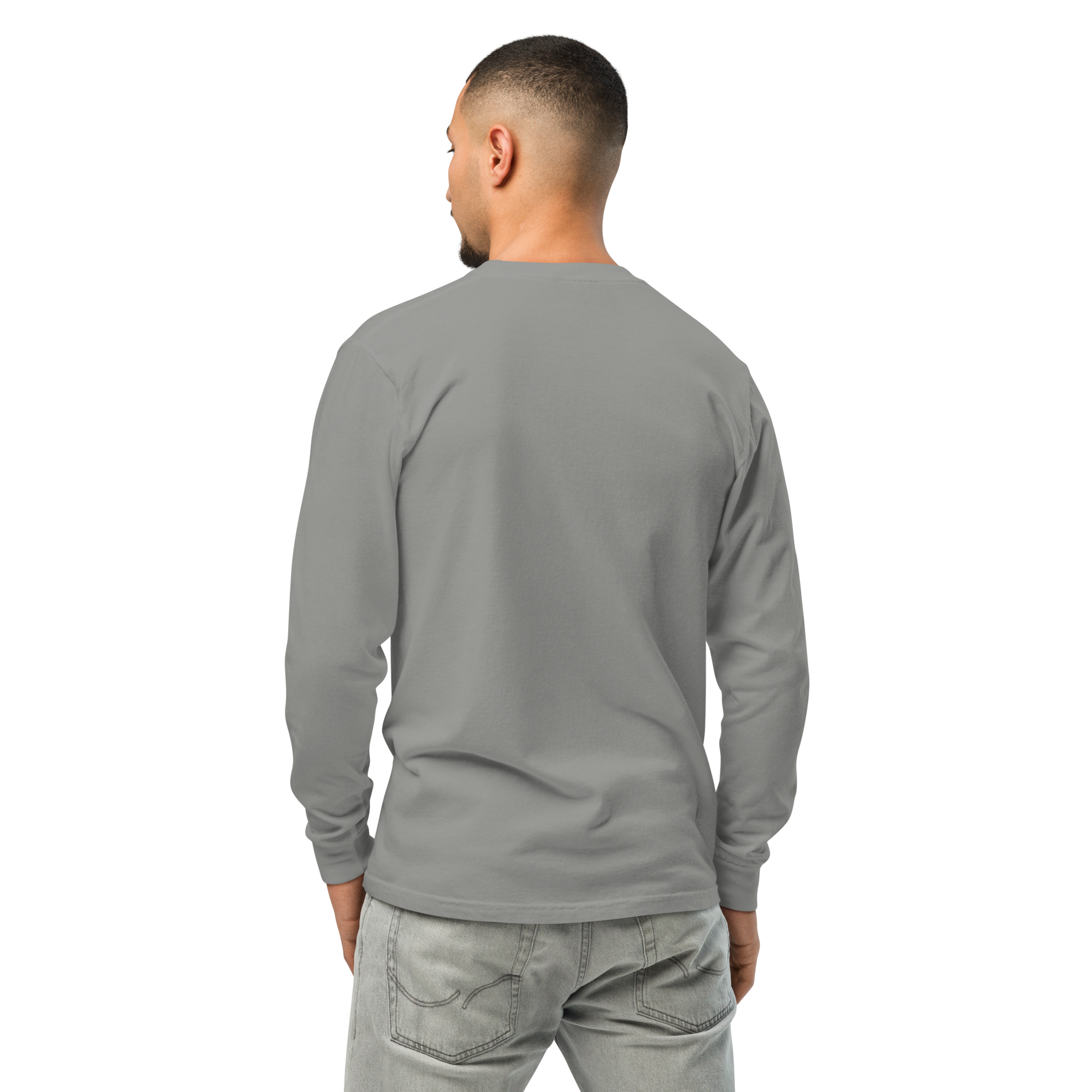 Grab Life Company unisex long-sleeve tee with Introverted: but willing to discuss organic farming written in white on the front of a grey shirt. Image shows the back.