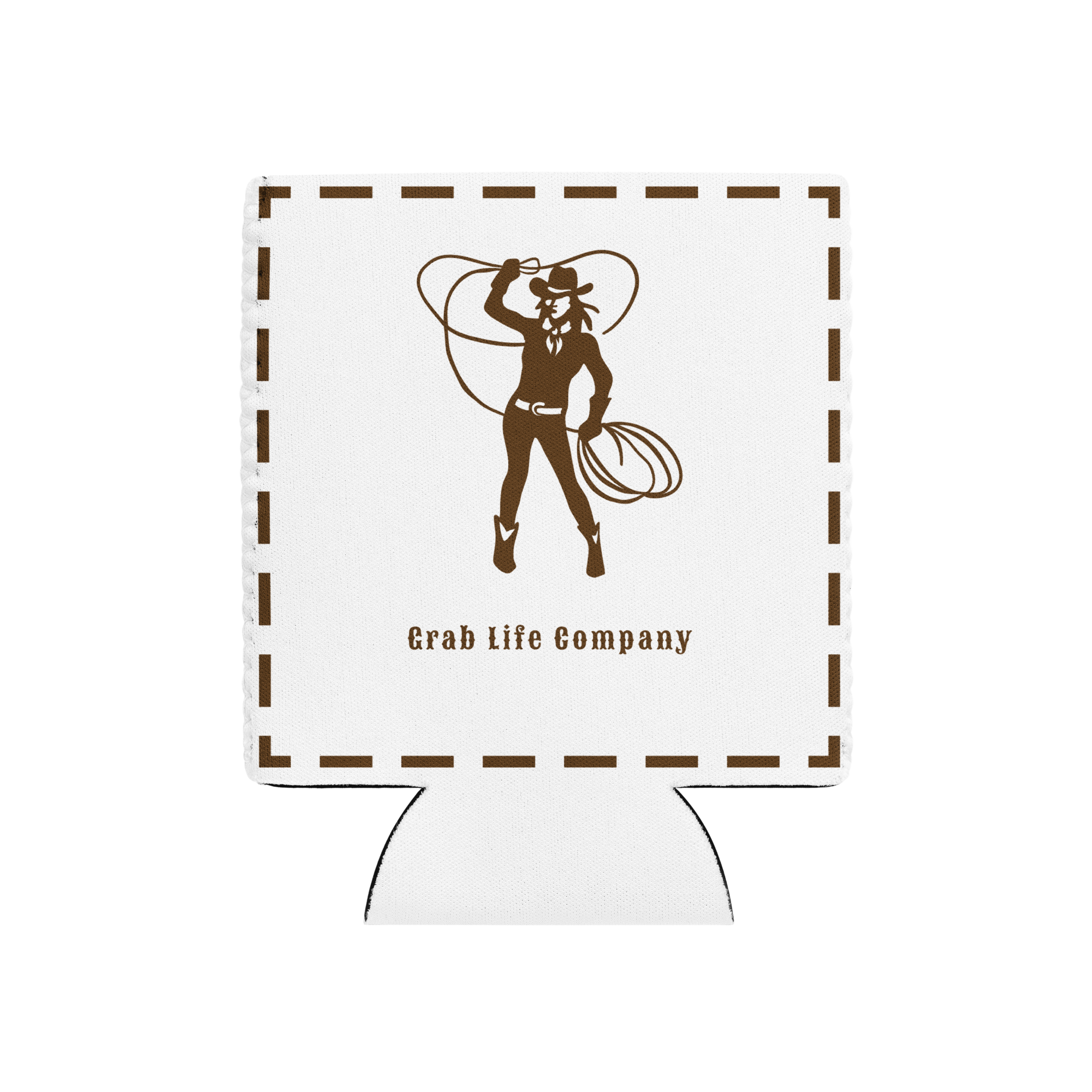 Grab Life Company can cooler with I heart hot rodeo moms printed in brown on a white coozie. Back has a silhouette of a cowgirl roping. Fits regular size 12 oz. cans. Image shows back.