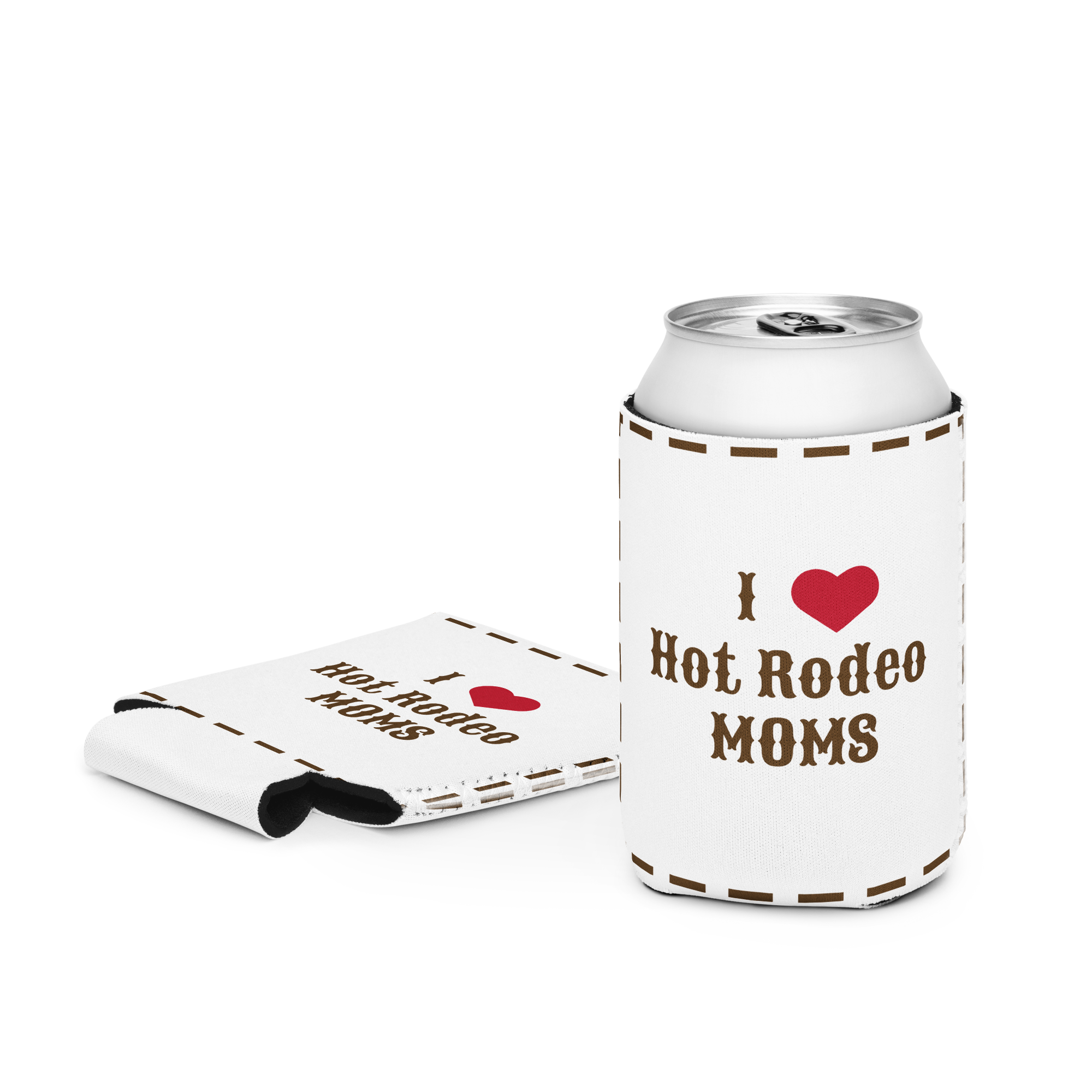 Grab Life Company can cooler with I heart hot rodeo moms printed in brown on a white coozie. Back has a silhouette of a cowgirl roping. Fits regular size 12 oz. cans.