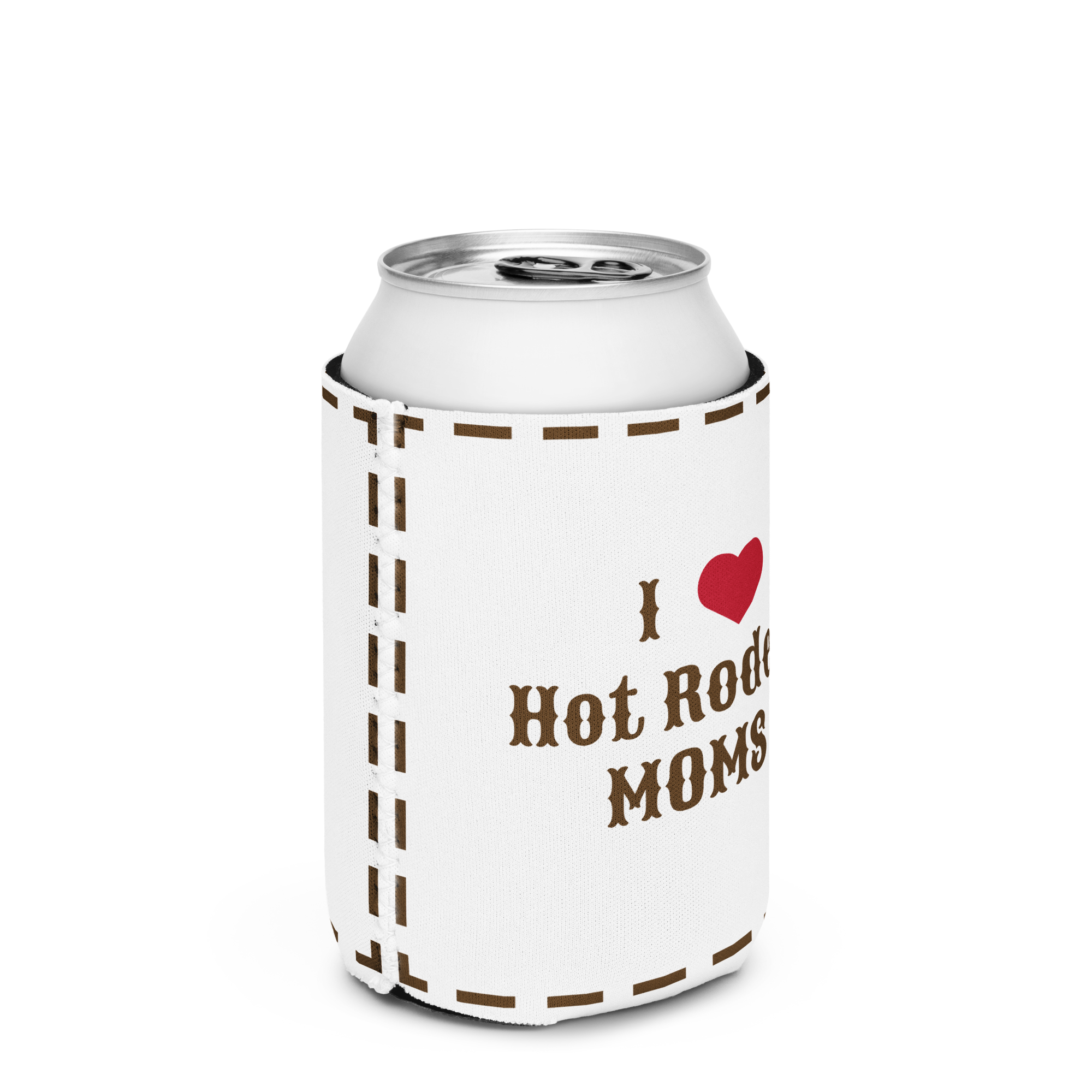 Grab Life Company can cooler with I heart hot rodeo moms printed in brown on a white coozie. Back has a silhouette of a cowgirl roping. Fits regular size 12 oz. cans.