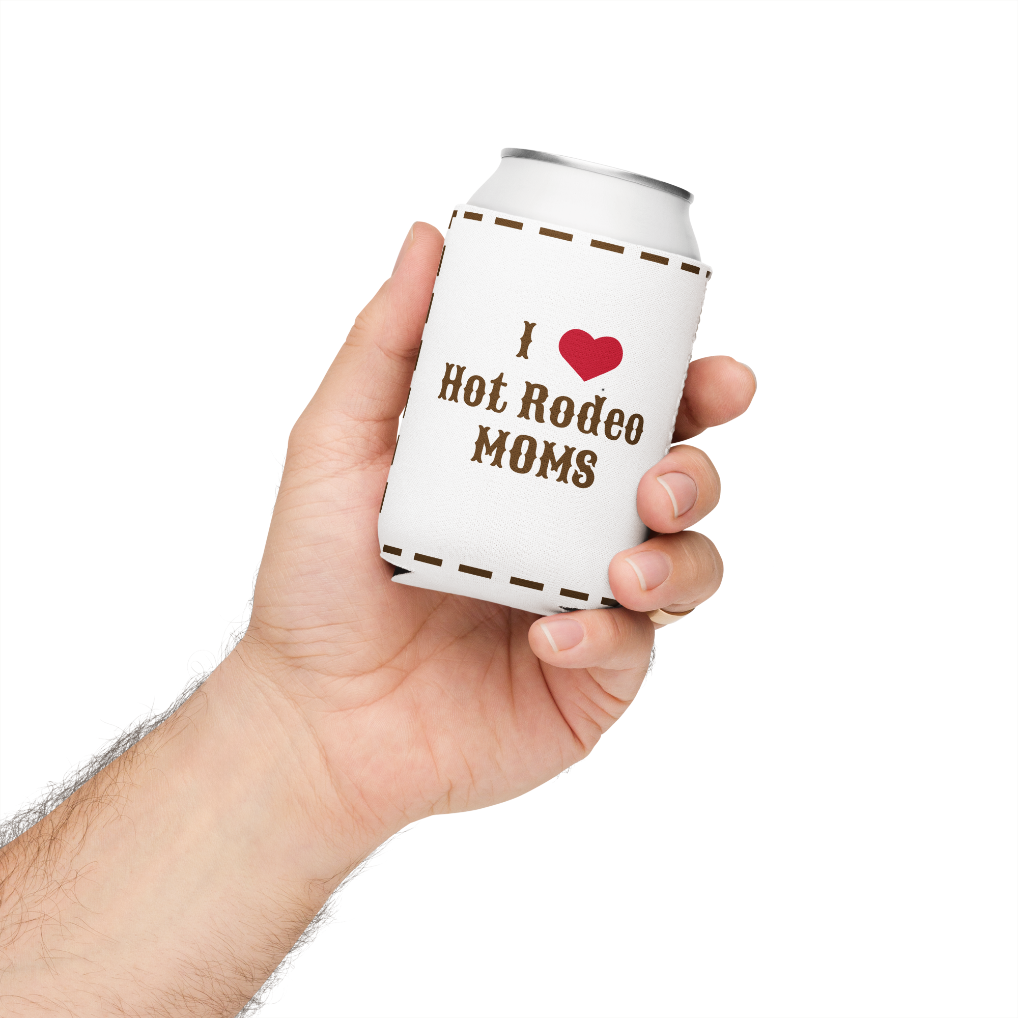 Grab Life Company can cooler with I heart hot rodeo moms printed in brown on a white coozie. Back has a silhouette of a cowgirl roping. Fits regular size 12 oz. cans.