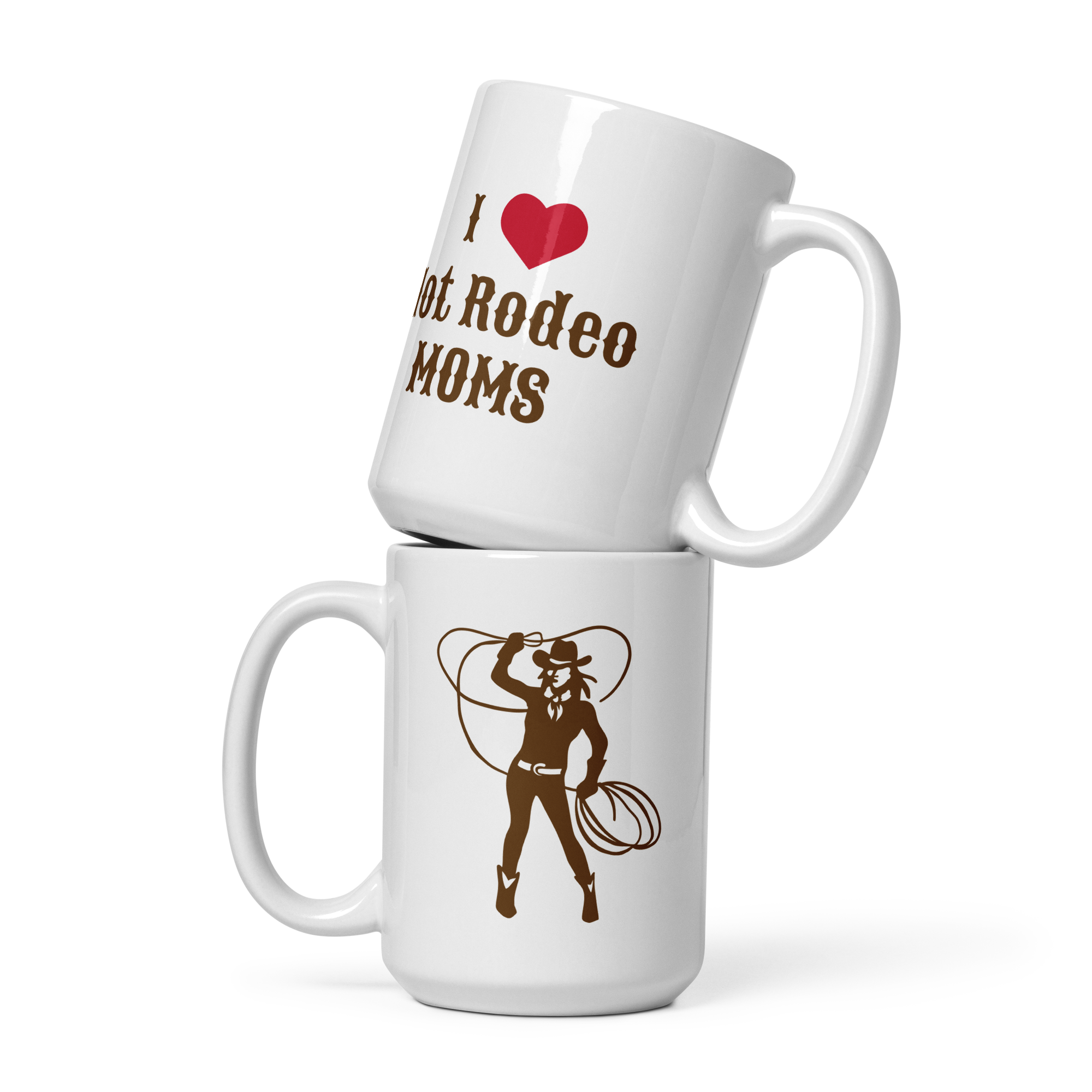 Grab Life Company 15 oz. white mug printed with I heart hot rodeo moms in brown on one side and a silhouette of a cowgirl roping on the other side.