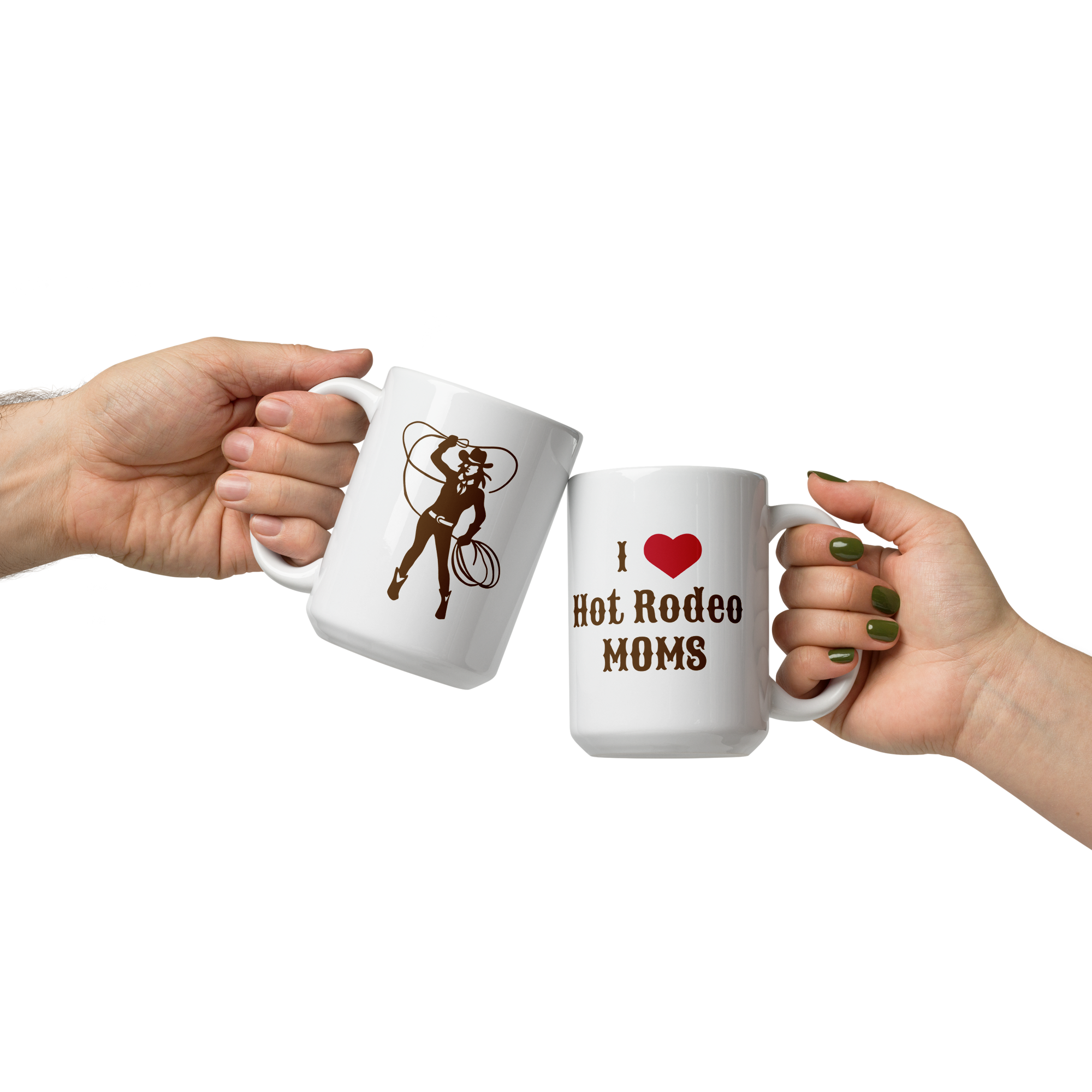 Grab Life Company 15 oz. white mug printed with I heart hot rodeo moms in brown on one side and a silhouette of a cowgirl roping on the other side.
