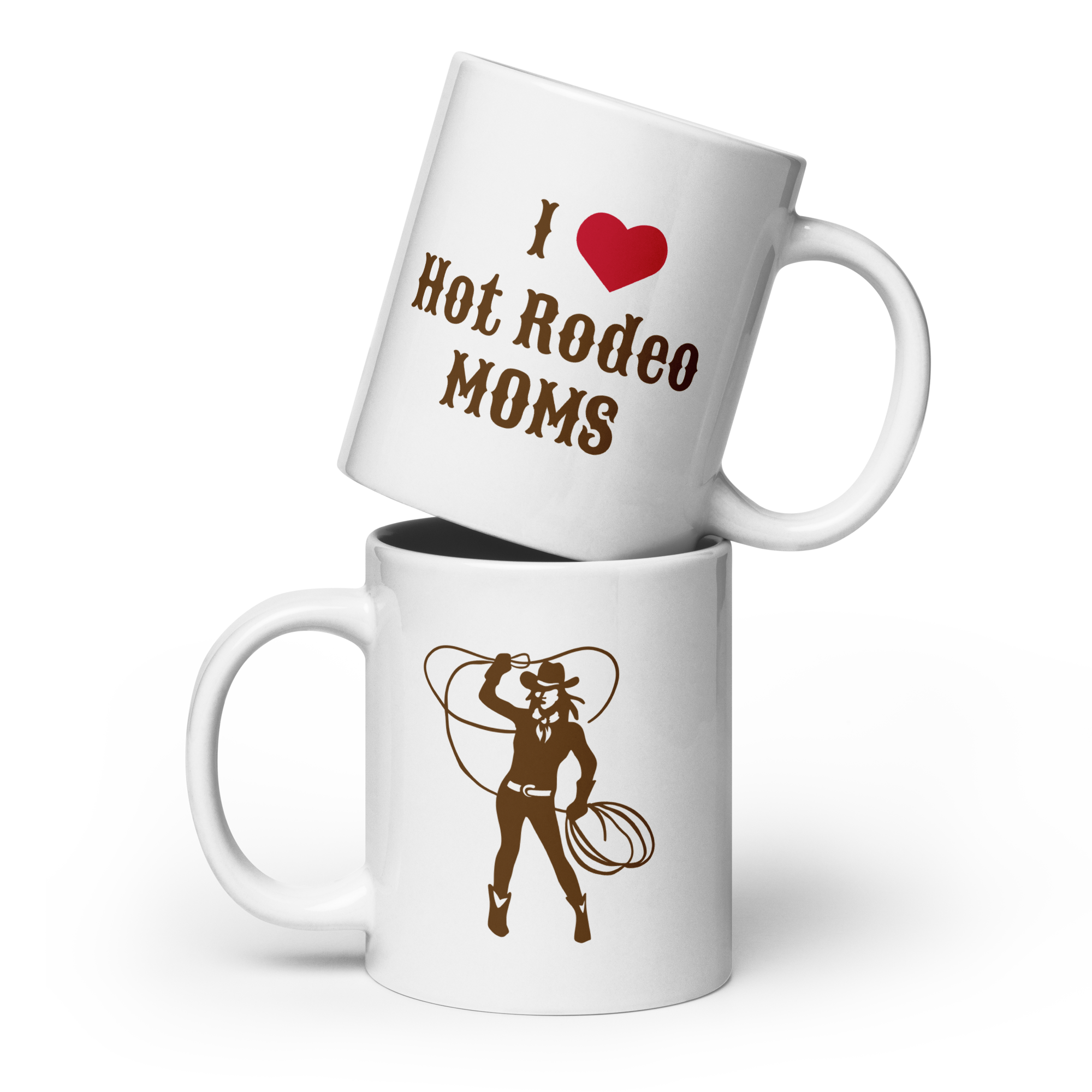 Grab Life Company 20 oz. white mug printed with I heart hot rodeo moms in brown on one side and a silhouette of a cowgirl roping on the other side.