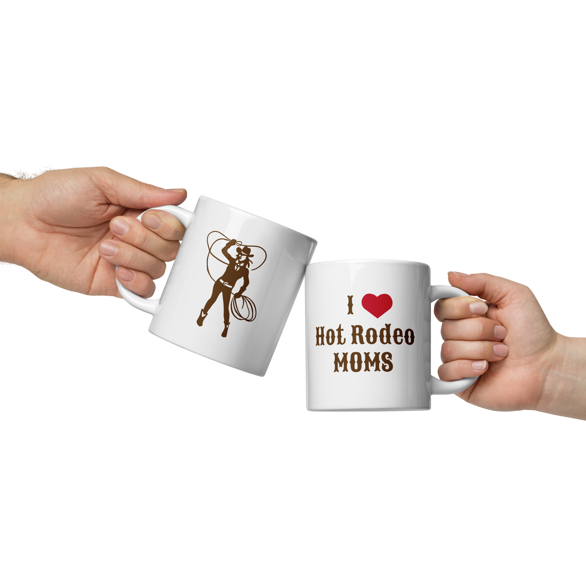 Grab Life Company 20 oz. white mug printed with I heart hot rodeo moms in brown on one side and a silhouette of a cowgirl roping on the other side.