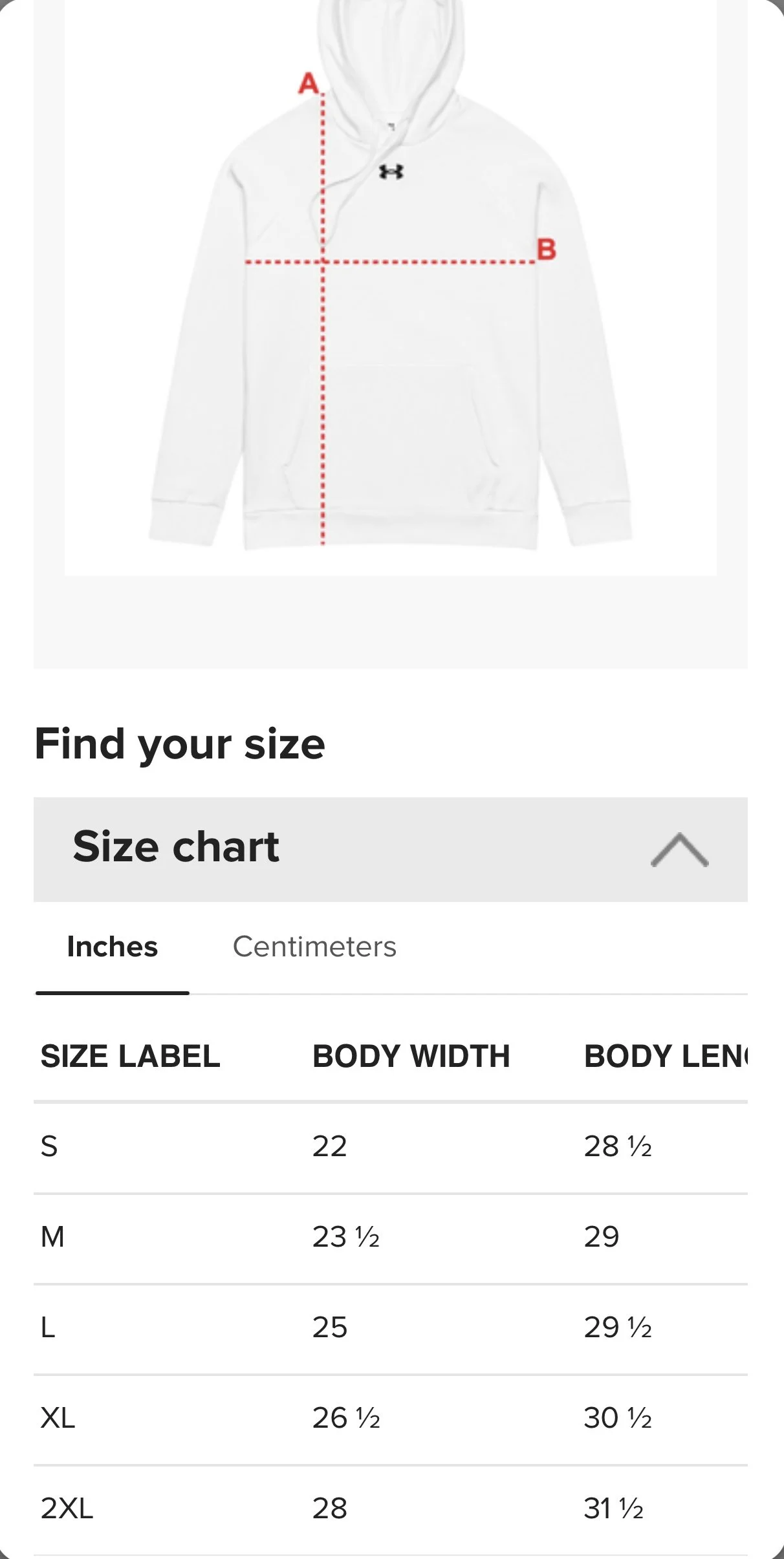 Image of Size Guidelines for Under Armour sweatshirt.