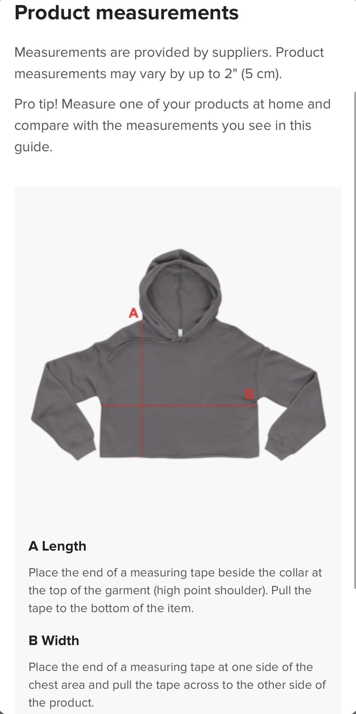 Image of Size Guidelines of Grab Life Company cropped hoodie.
