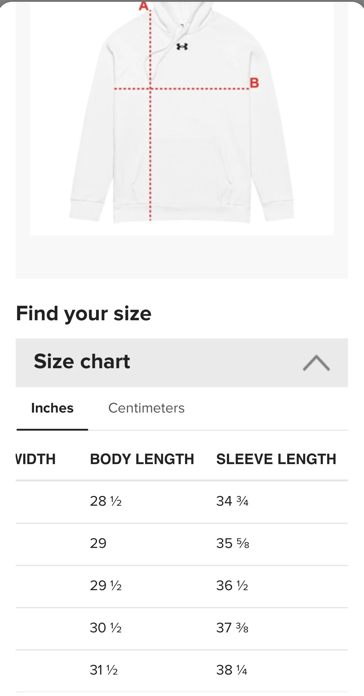 Image of Size Guidelines for Under Armour sweatshirt.