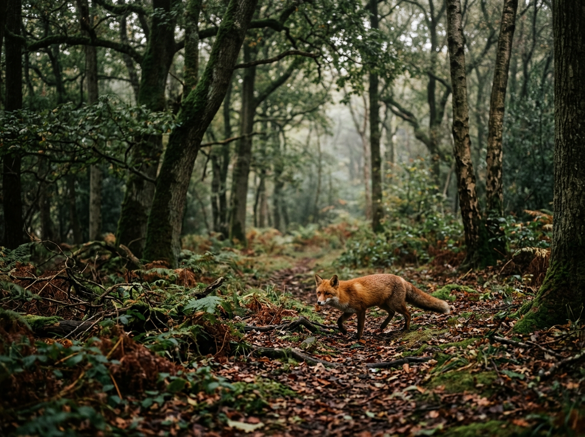 A fox walking through a dense, green forest with tall trees and a leaf-covered ground on a marketing and communication based website.