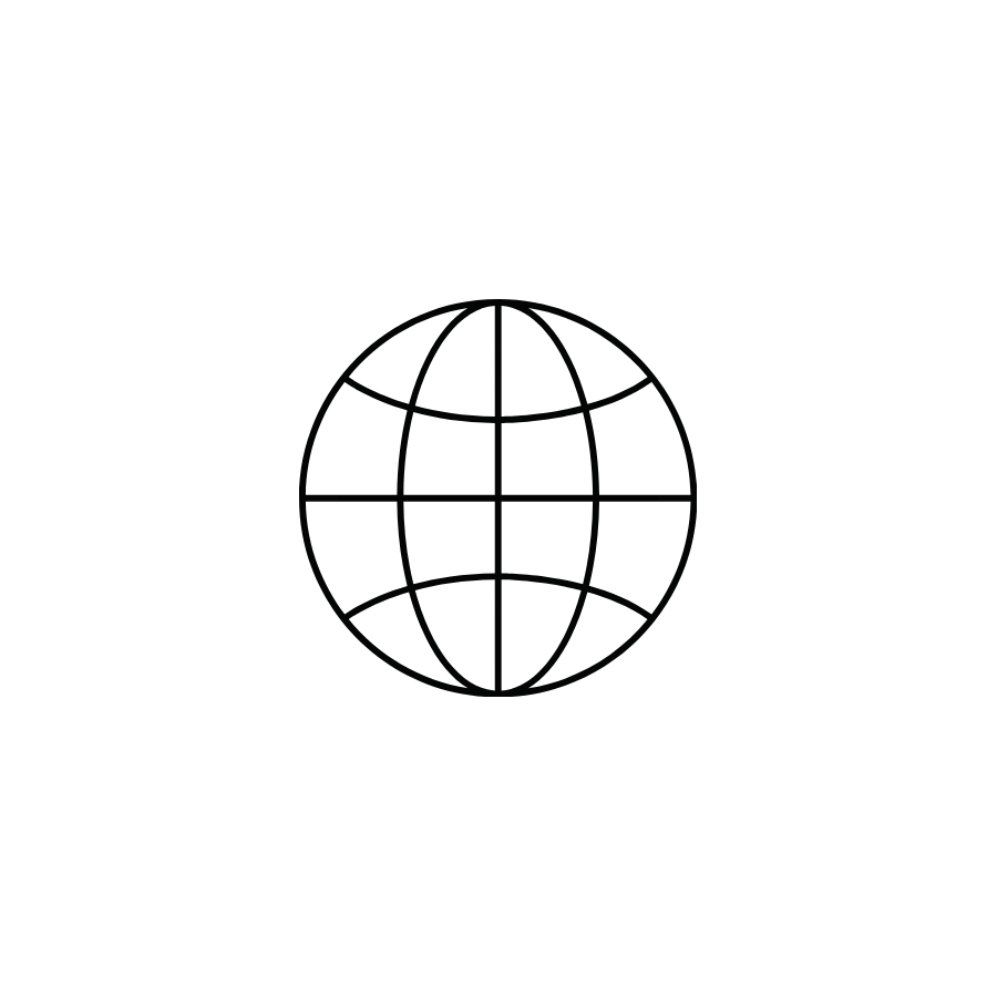 Black and white outline globe icon with latitude and longitude lines.