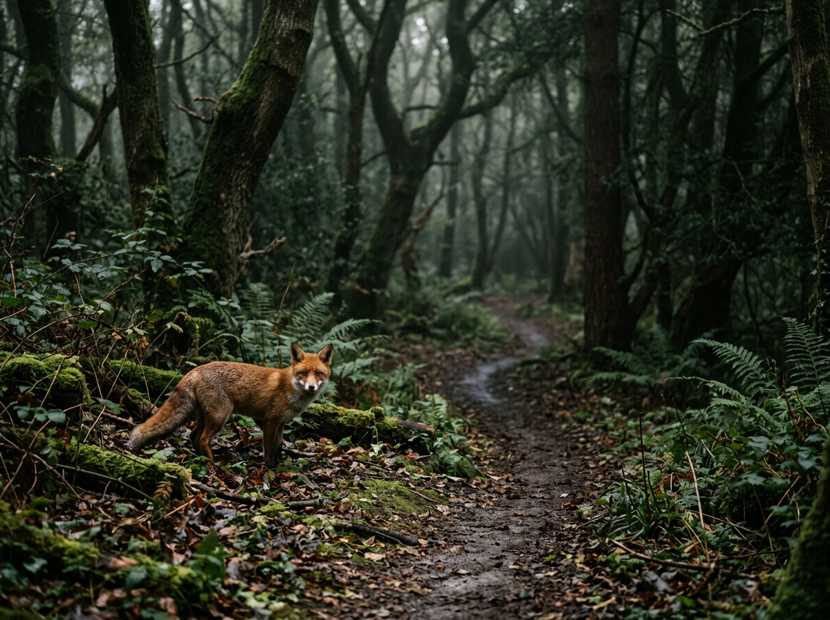 A fox standing on a damp forest trail surrounded by lush green trees and ferns in a misty woodland on a marketing and communication based website.