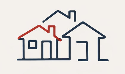 Line drawing of three houses connected, with one house in red and two in black.