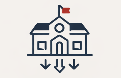 A simple illustration of a school building with a flag on top and three downward arrows underneath.