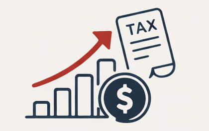 Graph with upward trend arrow, tax document, and dollar coin symbol.