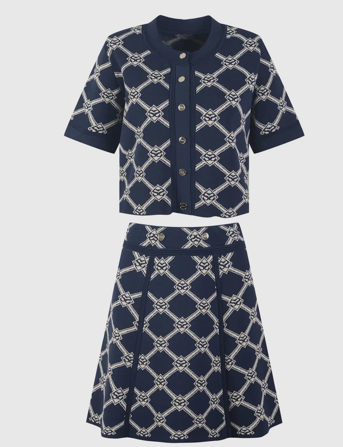 Blue patterned short-sleeve cardigan with button front.