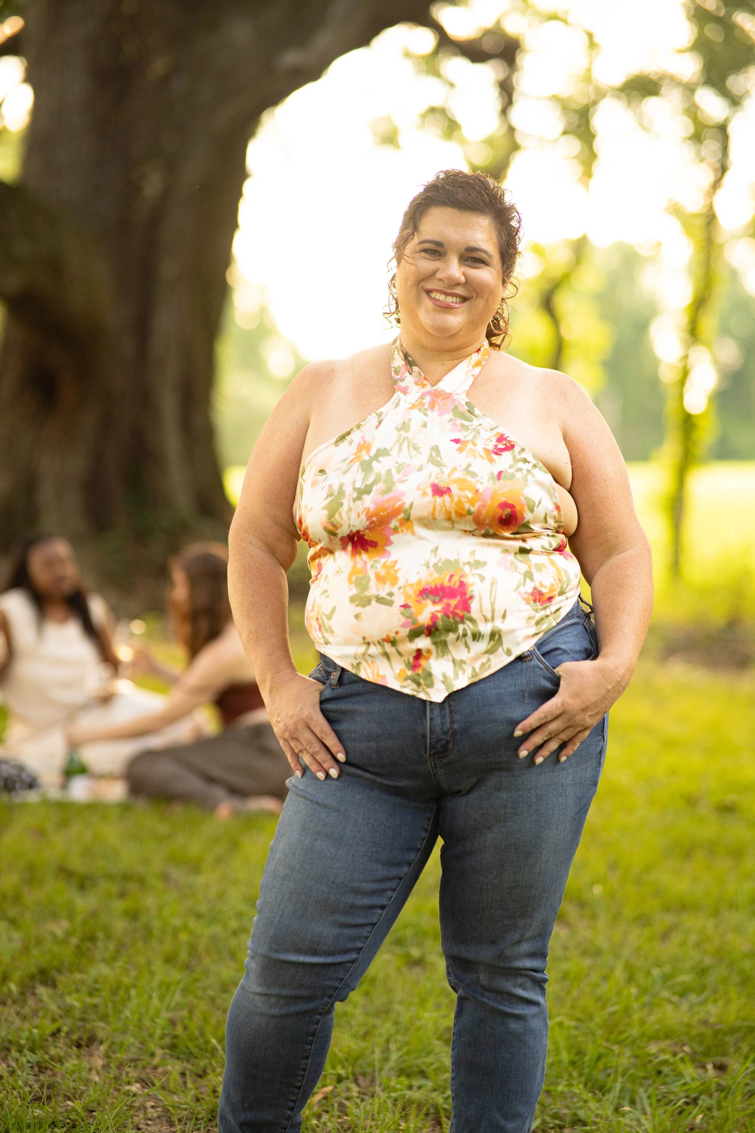Floral sleeveless halter top.