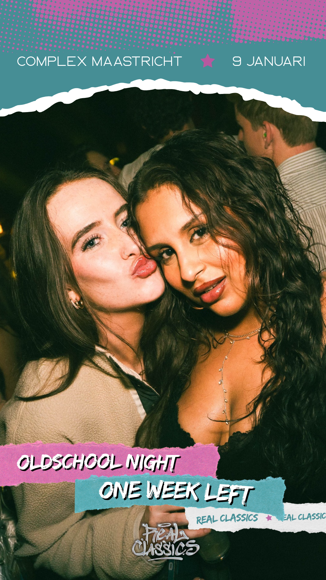 Two women posing together at a party with a colorful graphic design overlay. One woman has dark hair and is making a playful face, while the other has lighter hair and is puckering her lips.