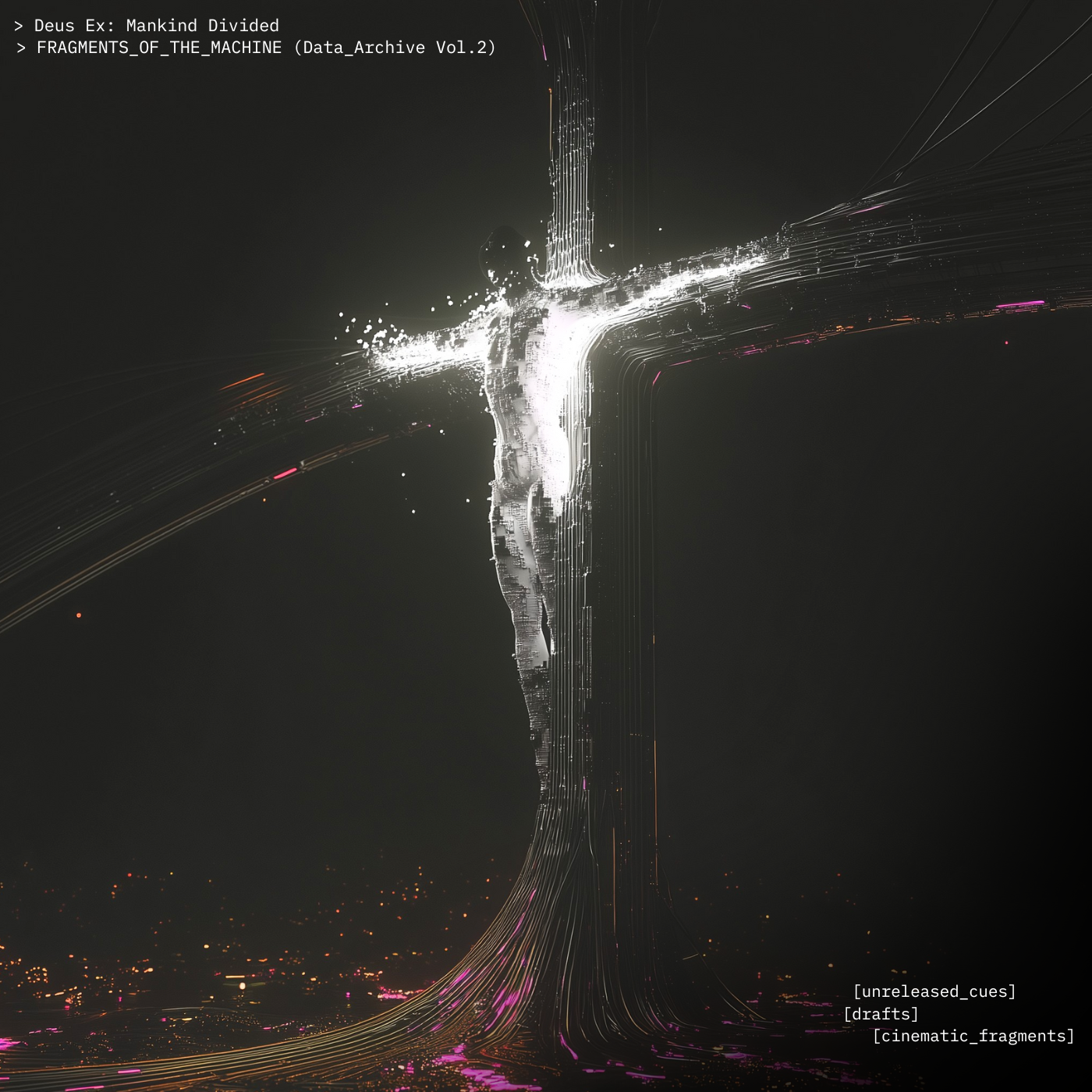 Abstract digital artwork resembling a glowing cross or figure with streaks of light, white and pink accents on a dark background, with text overlay about Mankind Divided and digital fragments.