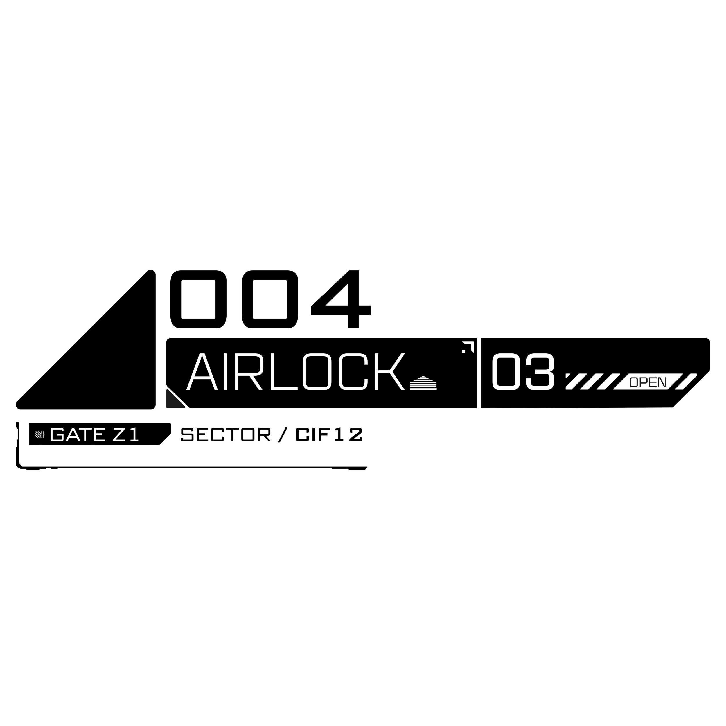 A digital screenshot of a futuristic airlock interface featuring text 'AIRLOCK 03', 'GATE Z1', and 'OPEN', with a high-tech, monochromatic design.