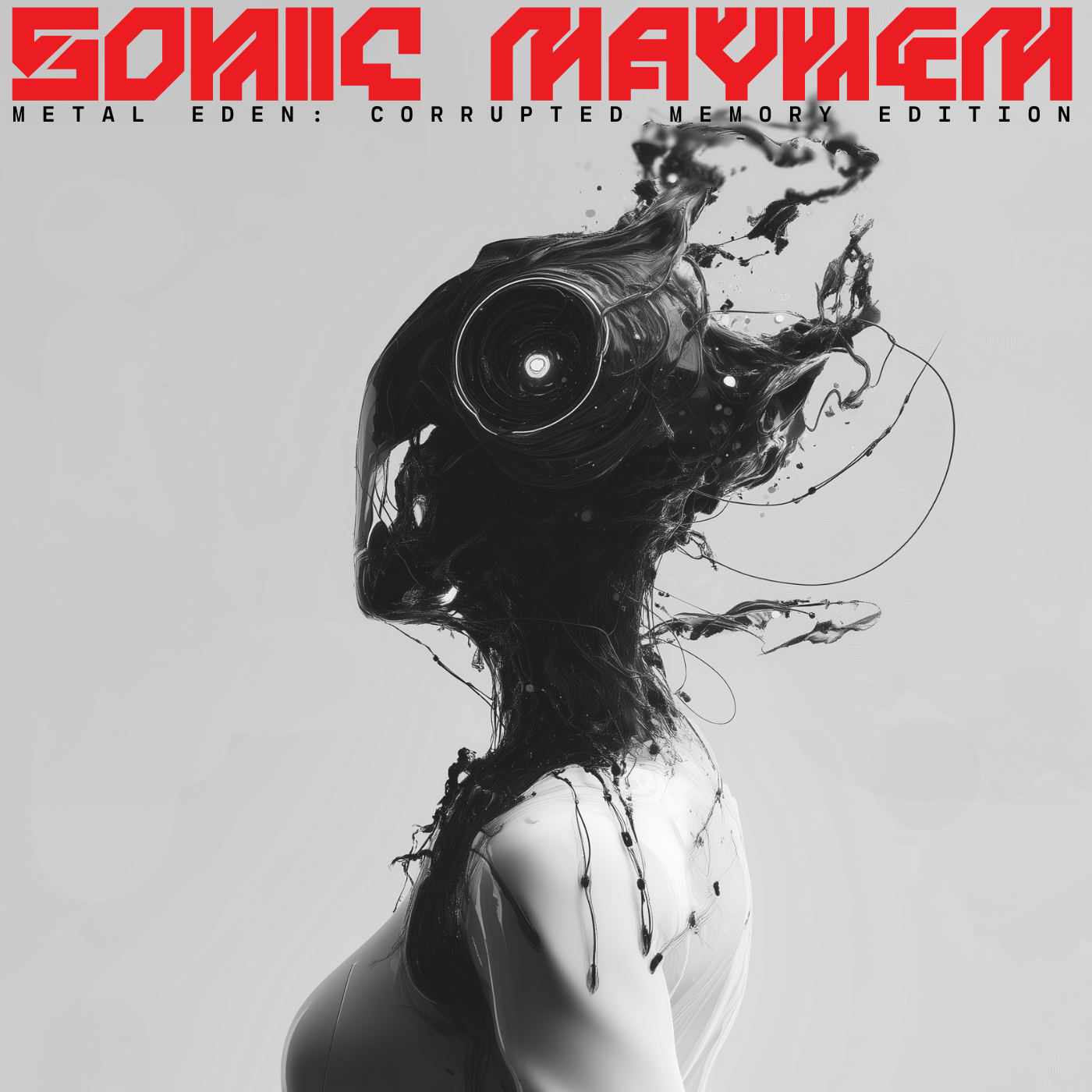 Abstract digital artwork of a humanoid figure with a distorted, mechanical head in black and gray tones, with red and black stylized text at the top