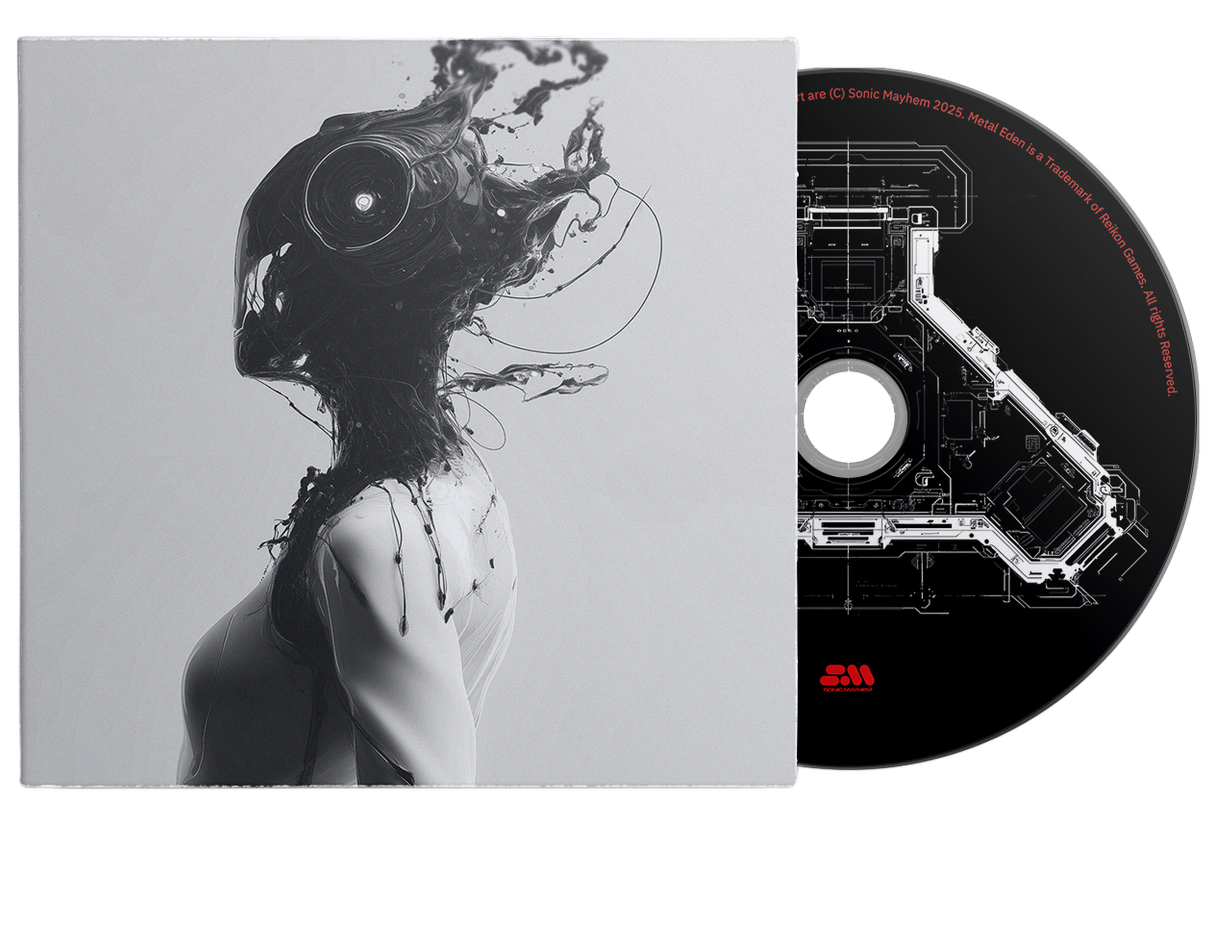Music album cover featuring a humanoid figure with a robot-like head with headphones, in black and white, next to a disc with electronic circuitry design.