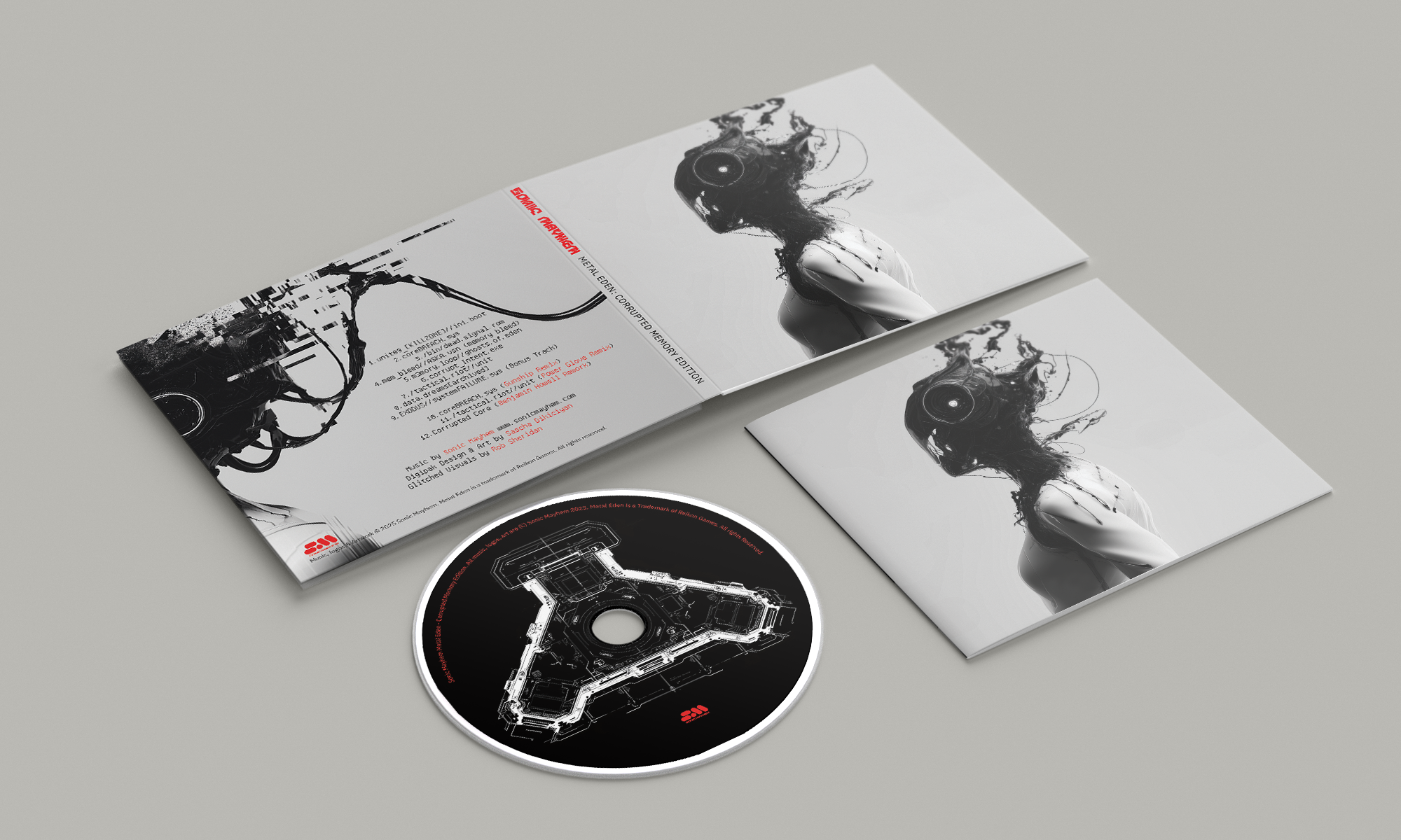 As a fan of physical media - the digipak format is my favorite. Metal Eden Corrupted Memory edition features a 4 panel layout with custom glitched art by Rob Sheridan (NIN) with design and art by Sascha himself. 