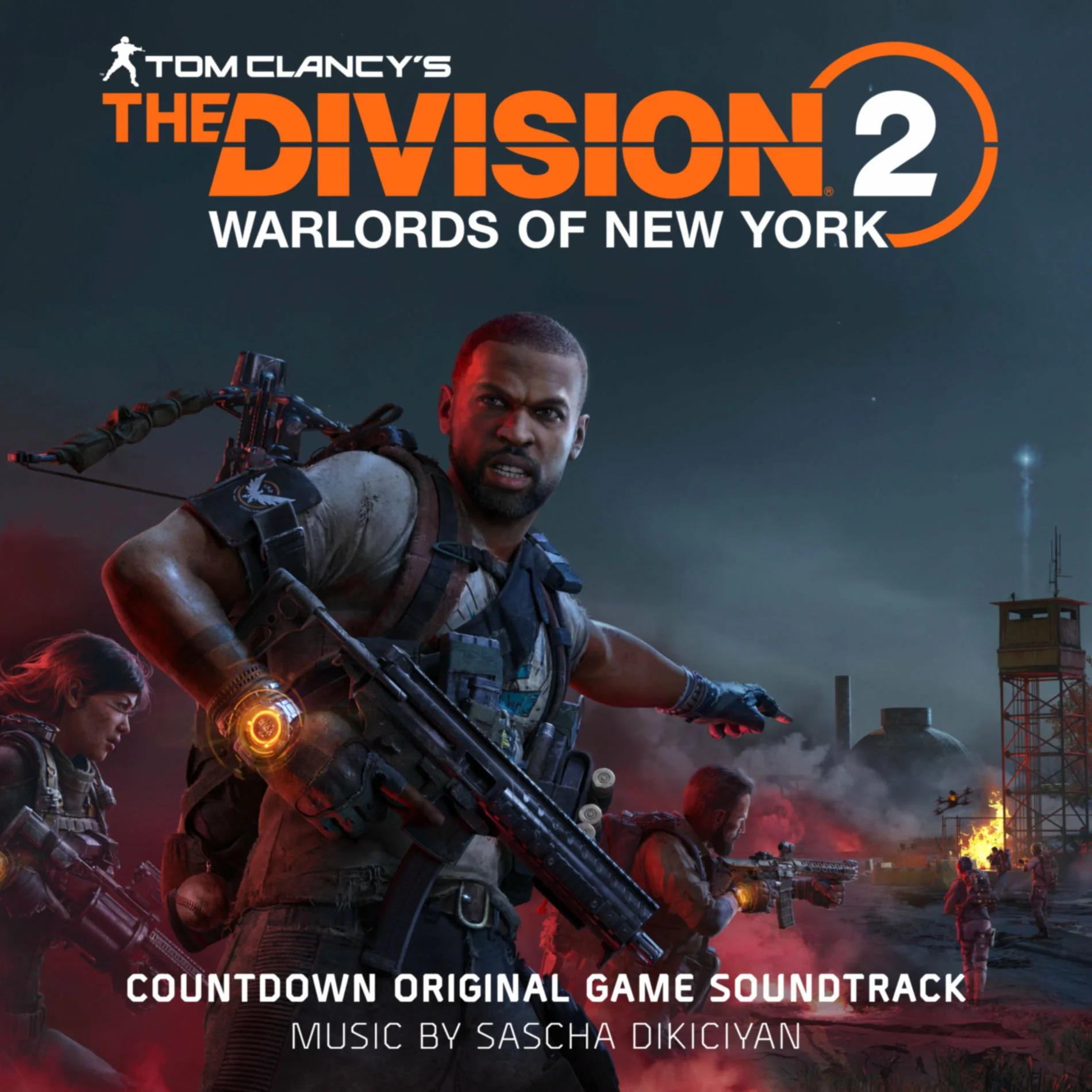 Video game cover art for 'Tom Clancy's The Division 2: Warlords of New York' featuring three armed soldiers in a ruined city at night, with explosions and fire in the background.