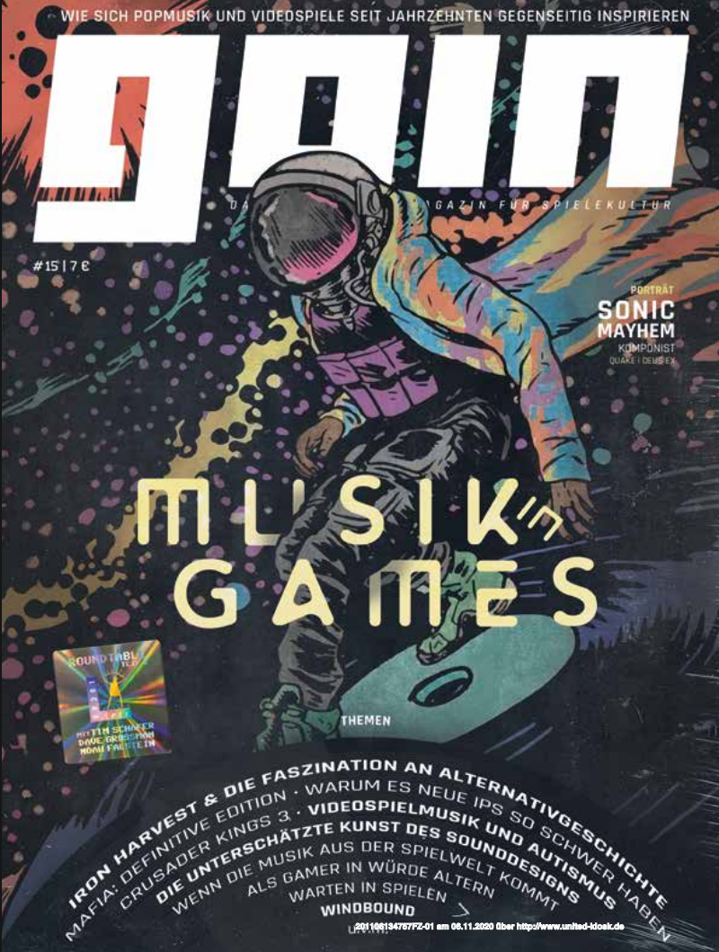 Magazine cover titled 'Loud Music Games' featuring an illustrated person wearing a space helmet, DJing with a turntable, surrounded by colorful splashes and abstract designs.
