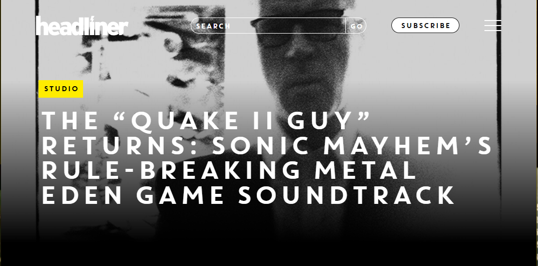 A screenshot of a webpage article about the return of the 'Quake II Guy' in Sonic Mayhem's soundtrack for the Eden game, with a blurred black and white background image of a person.