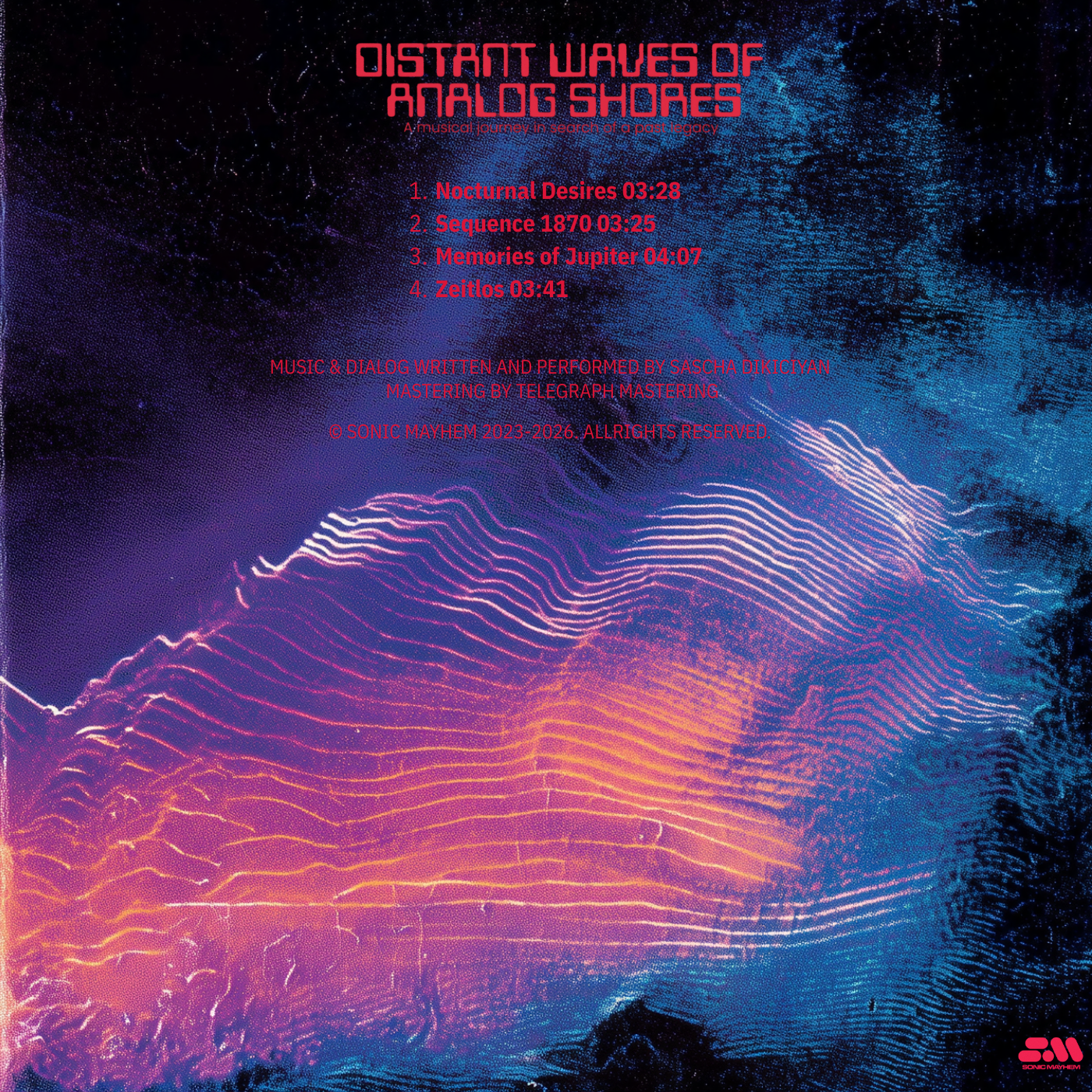 Colorful digital artwork with neon lines and grid patterns resembling a mountain landscape, with red text overlay listing song titles and credits for a music album titled 'Distant Waves of Analog Shores'.