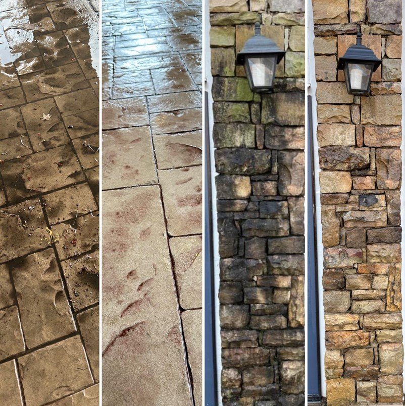 Comparison of two sets of outdoor surfaces and two stone walls with lamps. The first set shows wet muddy and clean fairly dry concrete and stone pavement, while the second set displays a stone wall with a mounted black lantern, with one wall having darker stones and the other lighter stones.