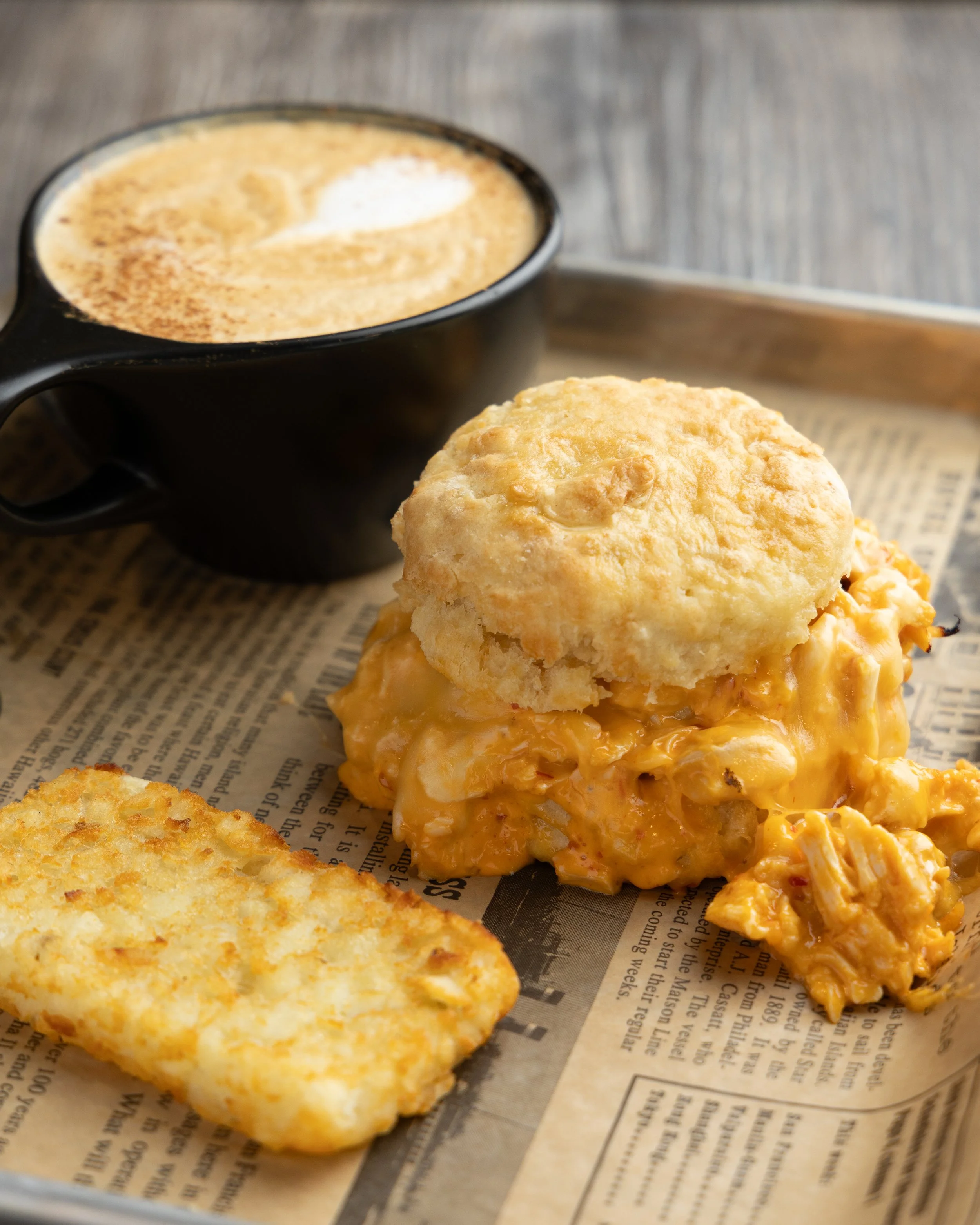 Breakfast biscuit sandwich and hashbrown