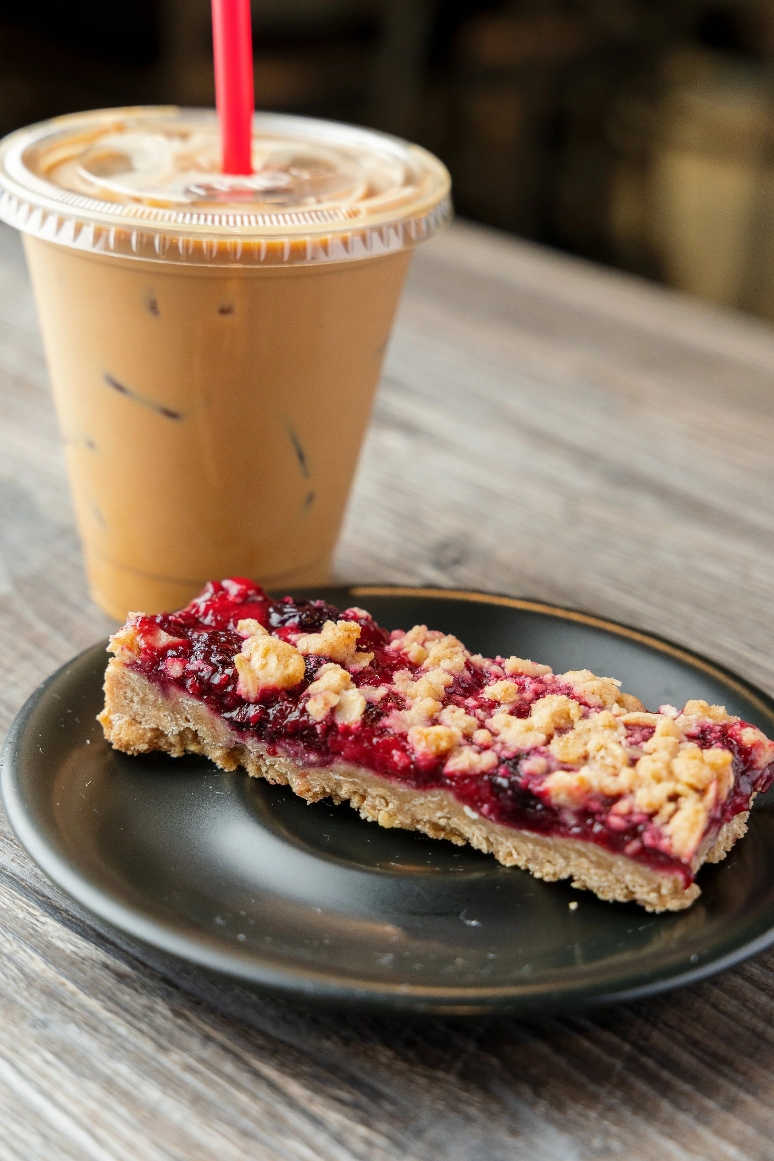 Pastry bar and an iced latte