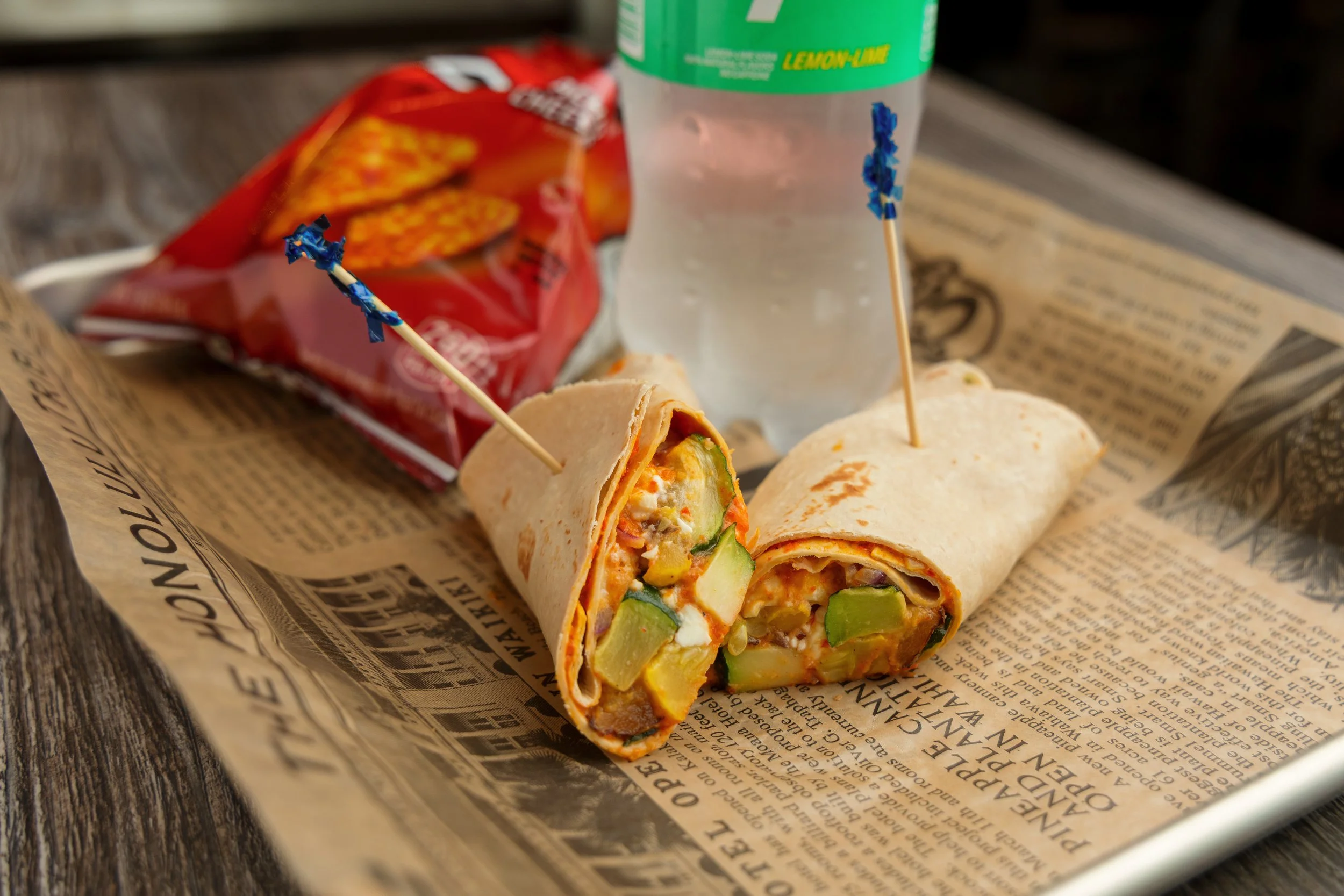 Wrap, chips, and soda