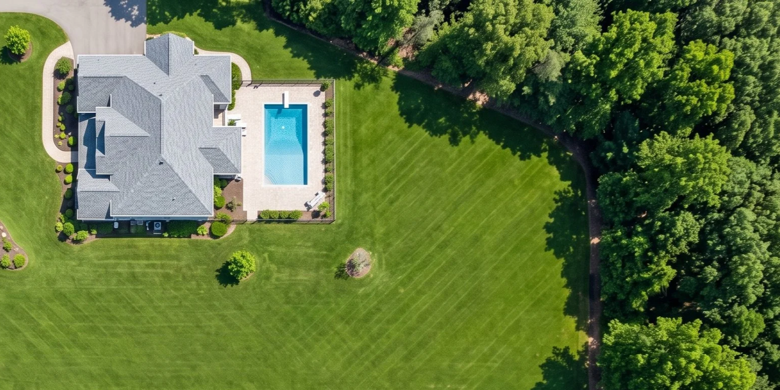 Aerial view of a house with a backyard and swimming pool, surrounded by green lawn and trees.