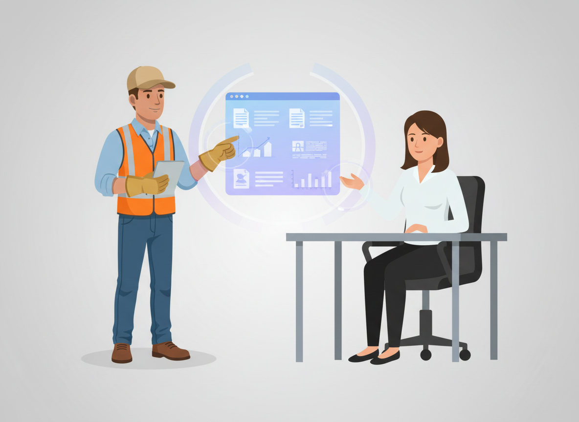 A construction worker with a tablet talking to an office woman at her desk with a holographic screen showing charts and documents.