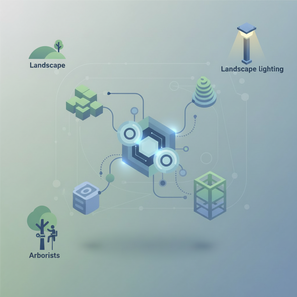 Diagram illustrating the integration of landscape, arborists, and landscape lighting in a digital or technological system.