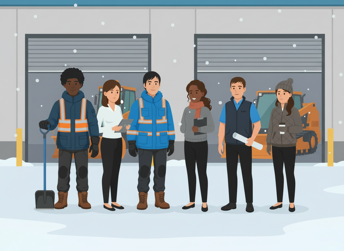 Group of six people standing in front of a warehouse with snow falling. Some are holding tools or documents, and construction equipment is visible in the background.
