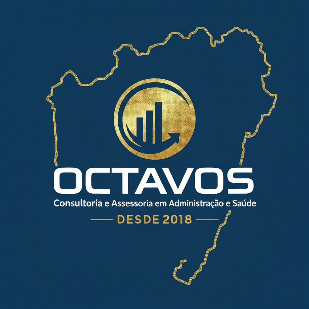 Logotipo da empresa Octavos com um mapa do Brasil ao fundo, usando cores dourado e branco, indicando consultoria e assessoria em administração e saúde desde 2018.