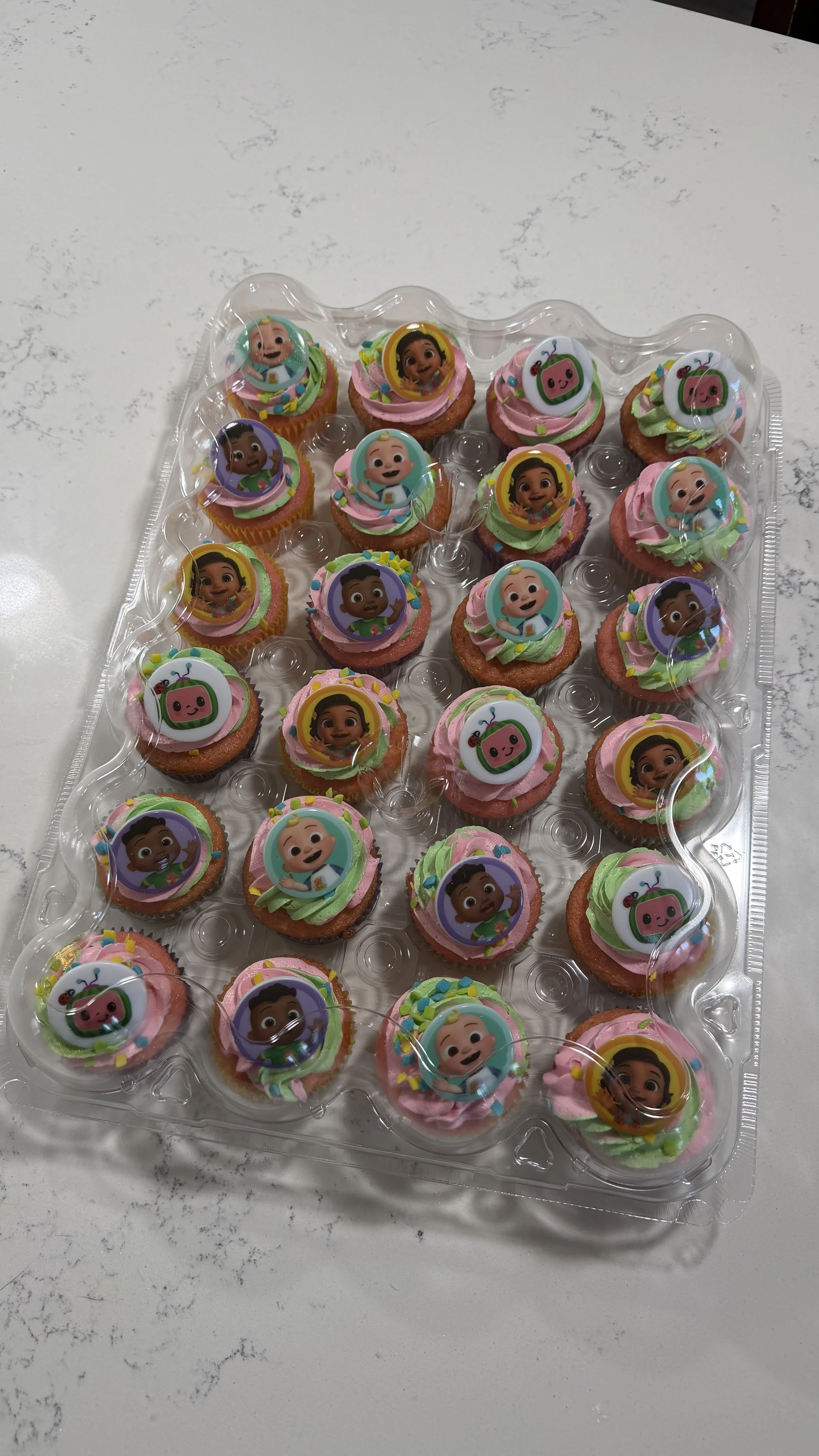 Custom children's birthday cupcakes, Cocomelon themed. 
Strawberry cupcake with pink/green american buttercream icing and assorted sprinkles.