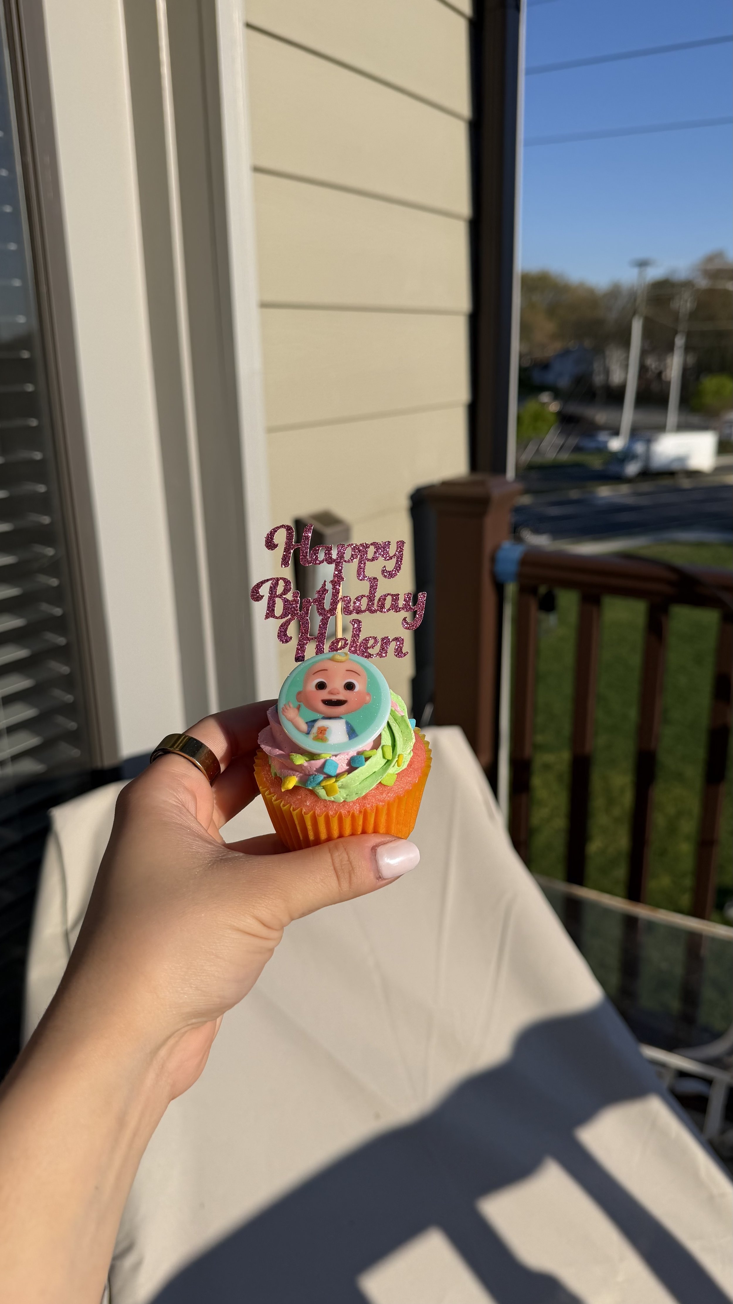 Custom children's birthday cupcakes, Cocomelon themed. 
Strawberry cupcake with pink/green american buttercream icing and assorted sprinkles.