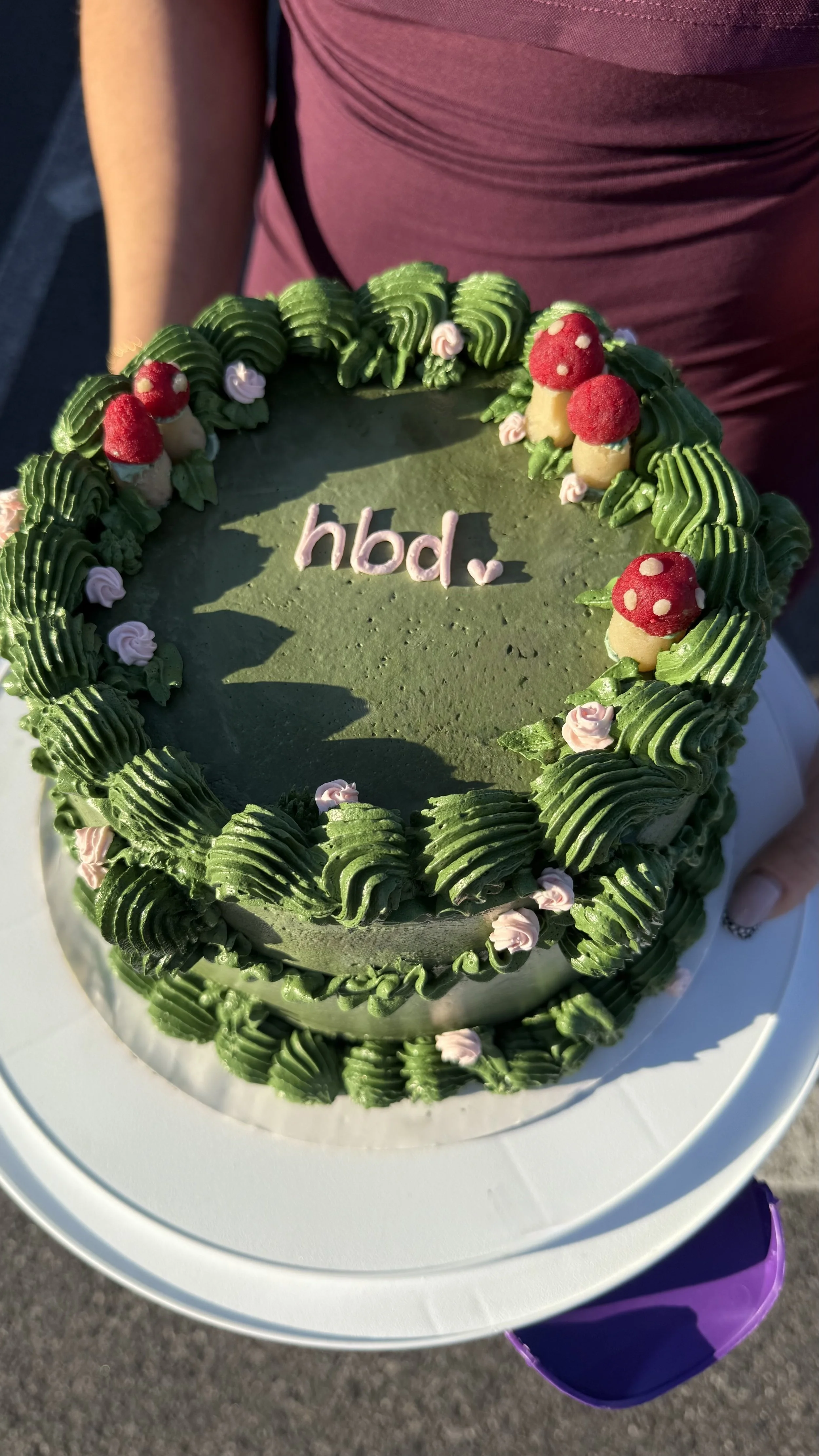 Custom birthday cake, 8 inch round
Red velvet cake with fresh cream cheese filling and SMBC icing. Vintage piping style. Marzipan edible mushrooms.
Serves 12-22.