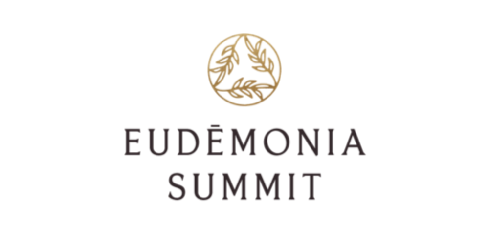 Eudemonia Summit logo with a circular design of leaves in gold above the text 'Eudemonia Summit' on a white background.