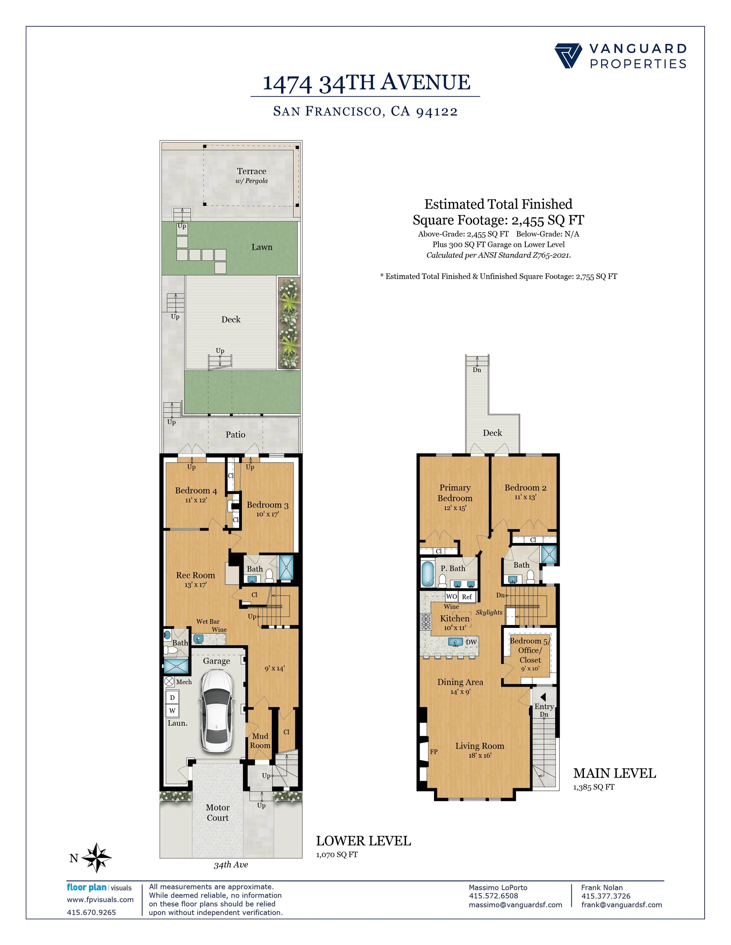 Floor plan of a two-level house with labeled rooms, outdoor areas, and measurements. The lower level includes a garage, laundry, mudroom, recreation room, two bedrooms, and a bathroom. The main level has a living room, dining area, kitchen, primary bedroom, second bedroom, two bathrooms, an office/bedroom, and outdoor decks and a patio.