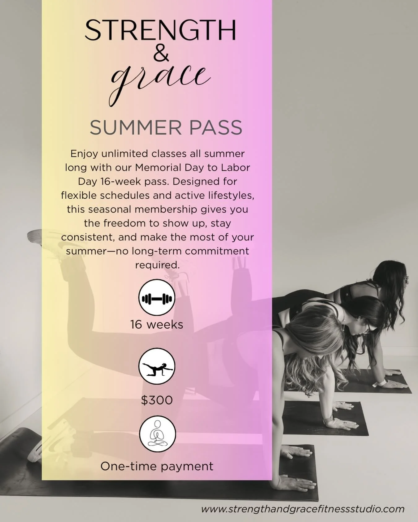 ☀️ SUMMER JUST GOT STRONGER ☀️

Calling all lake goers, busy moms, and anyone ready to feel their best this summer 💪

Our Summer Pass (Memorial Day &rarr; Labor Day) gives you:
✨ Unlimited classes
✨ Flexible schedule
✨ No long-term commitment

Show 