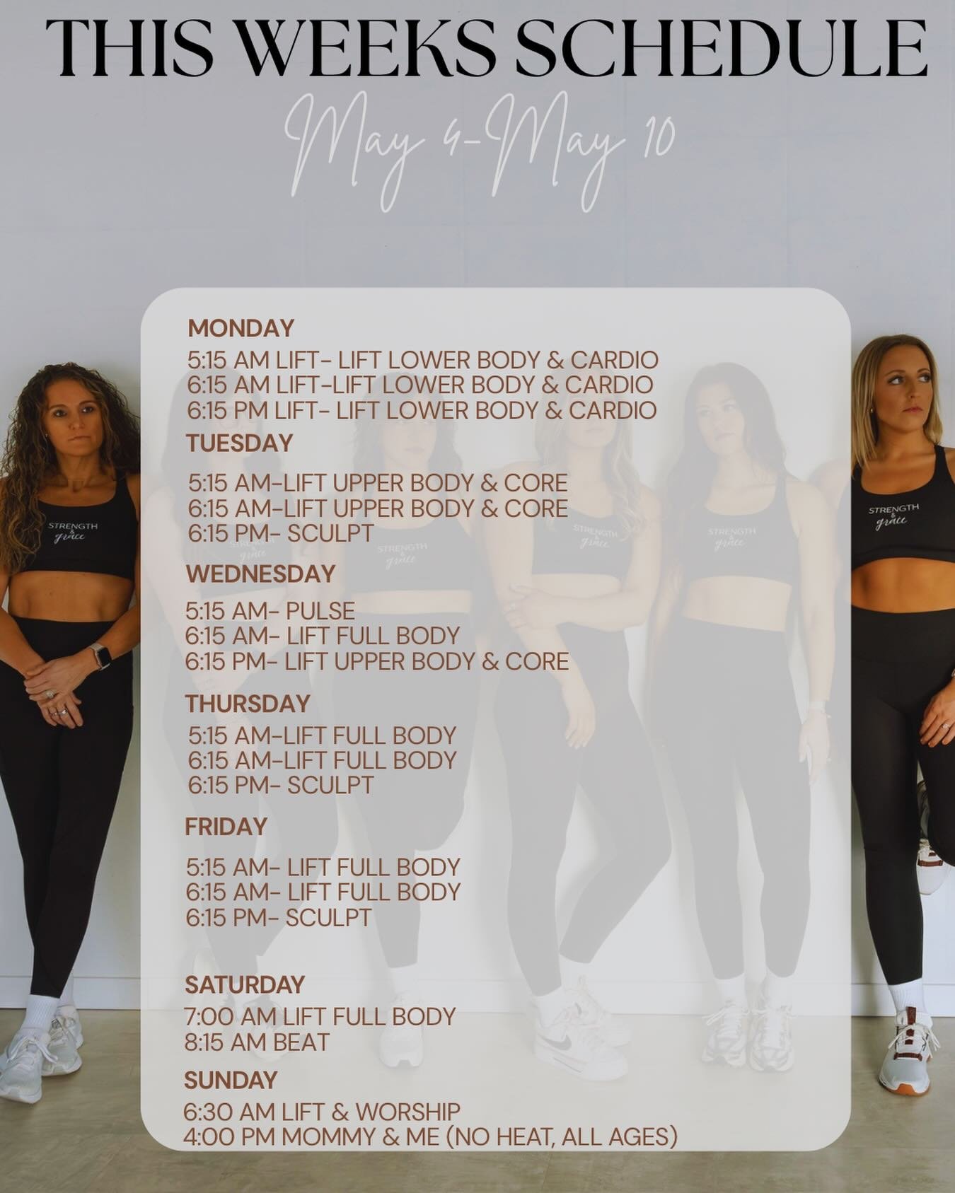 May 4-10 is stacked💪🏻&mdash;LIFT, Pulse, Sculpt, Beat, and new this week Mommy &amp; Me.  Sign up, bring a friend, see you there🫶🏼