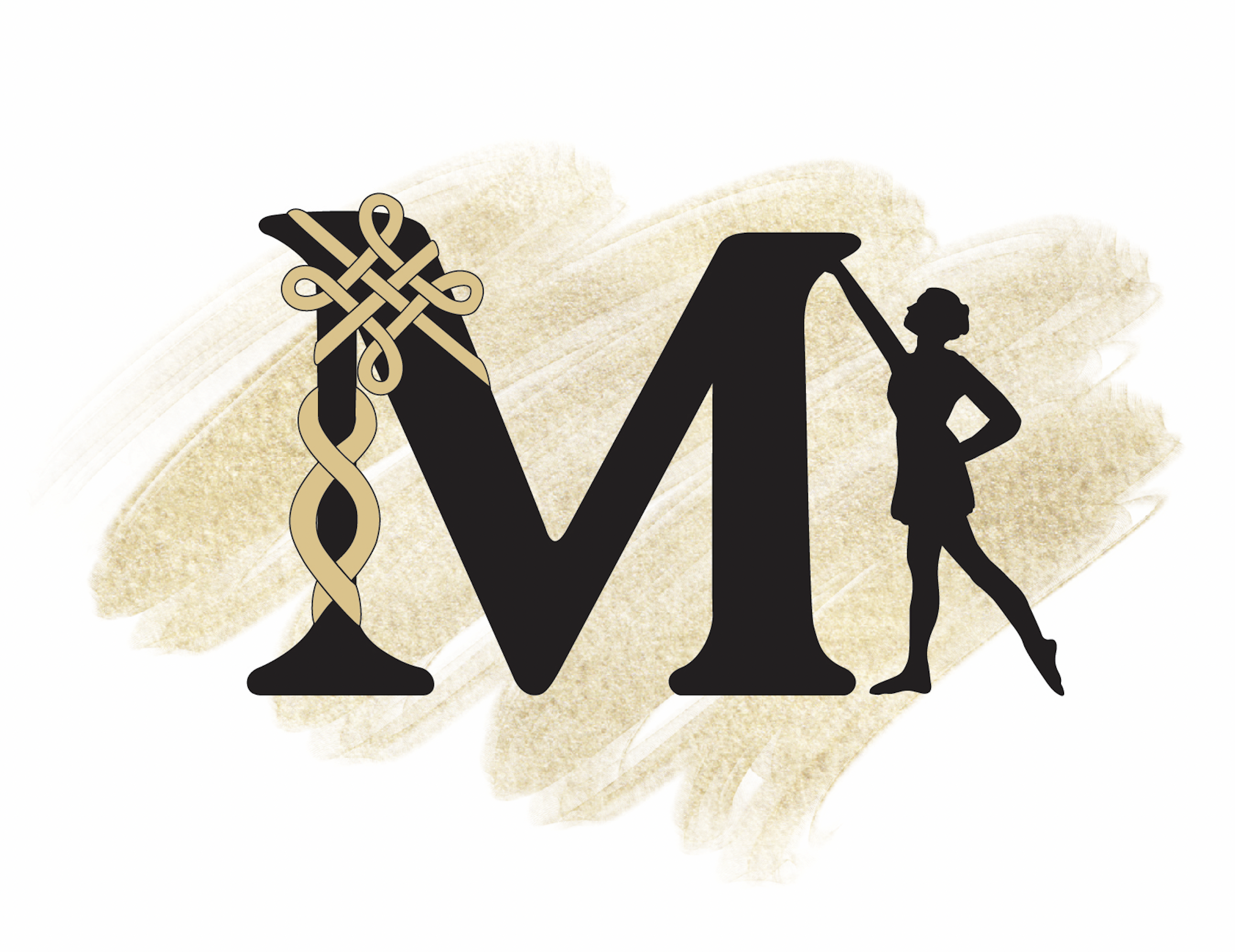 A logo featuring a large black letter 'M' with a decorative knot on the left side and a silhouette of a woman leaning on the right side, with a beige brushstroke background.